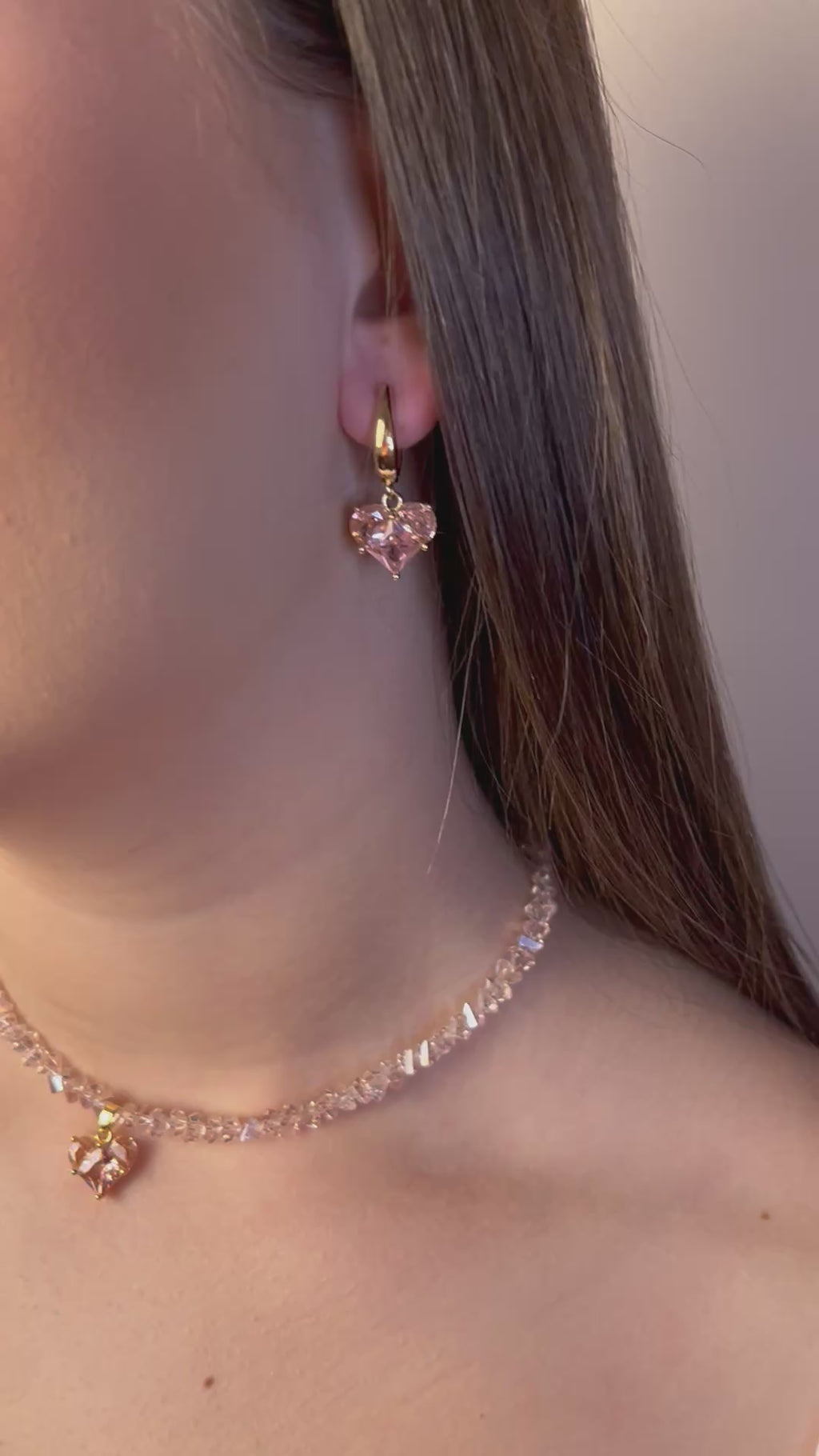 Set: Heart Pink Crystal Choker Necklace and Earrings – 18K Gold Plated, Cubic Zirconia, Nickel Free