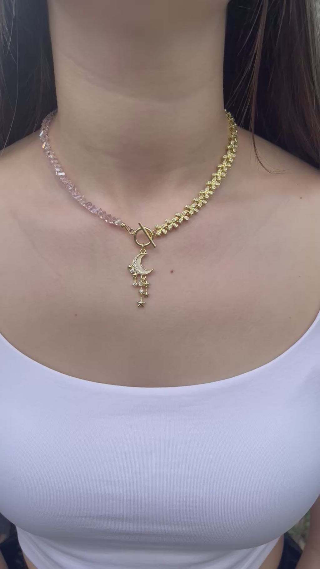 Asymmetrical Crystal Moon Necklace, 18k gold plated