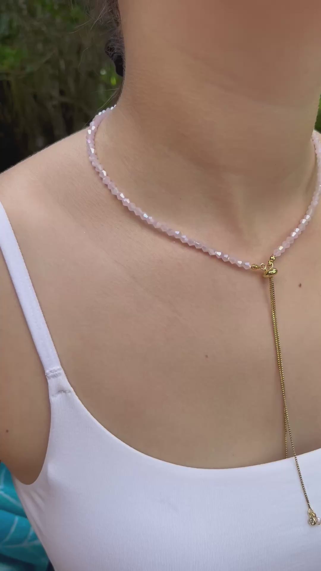 Set Pink Beaded Choker Necklace with Earrings – 18K Gold Plated