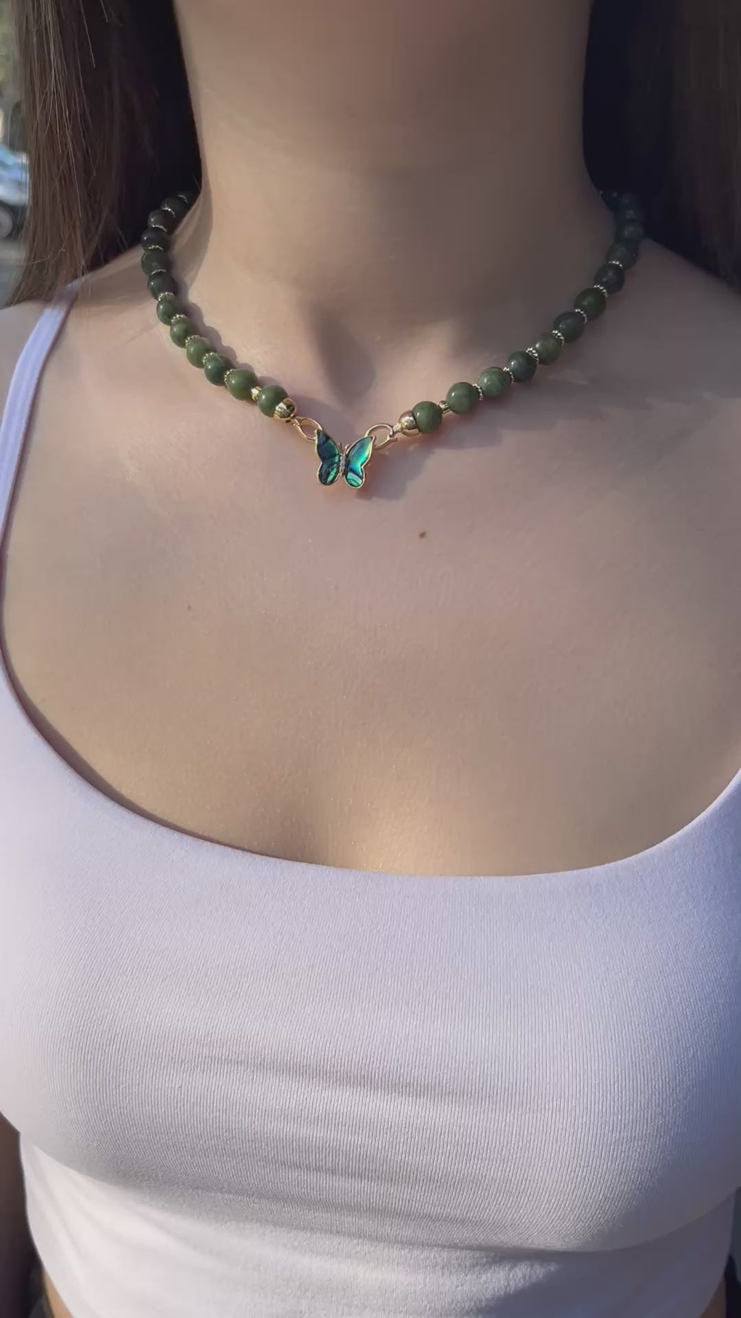 Natural Taiwan Jade Necklace with 18K Gold Butterfly Clasp