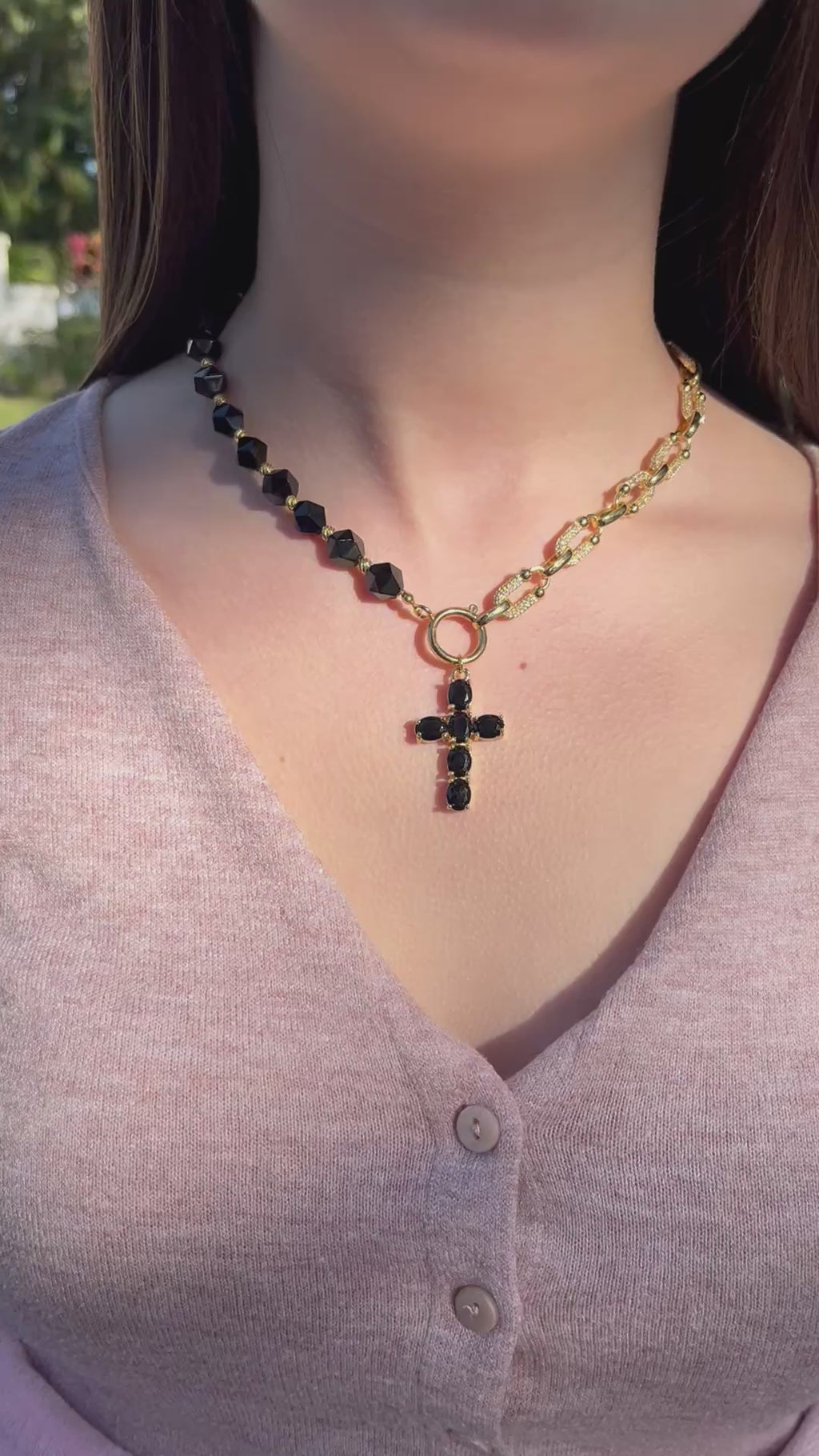 Asymmetrical Black Onyx Necklace– Cross 18K Gold Plated