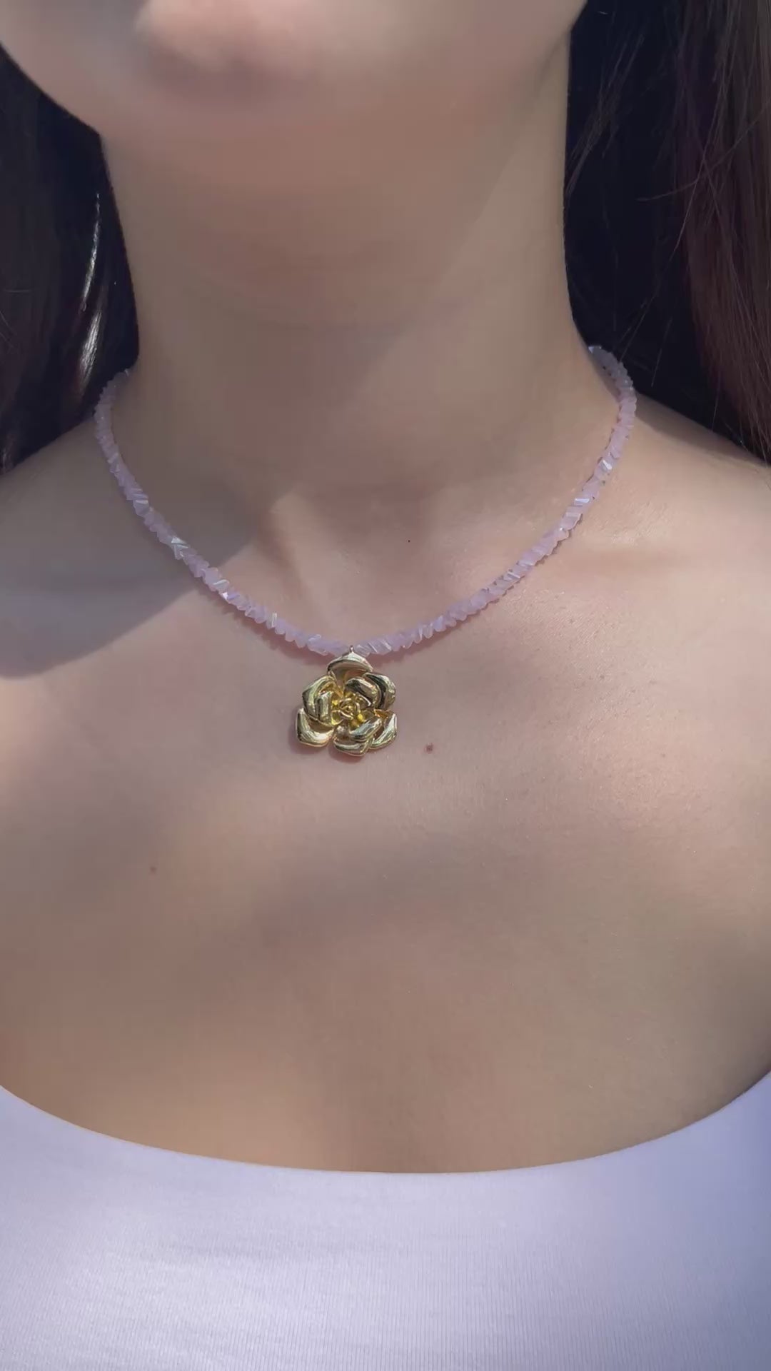 Crystal Pink Glass Bead Choker: 18K Gold Rose Pendant