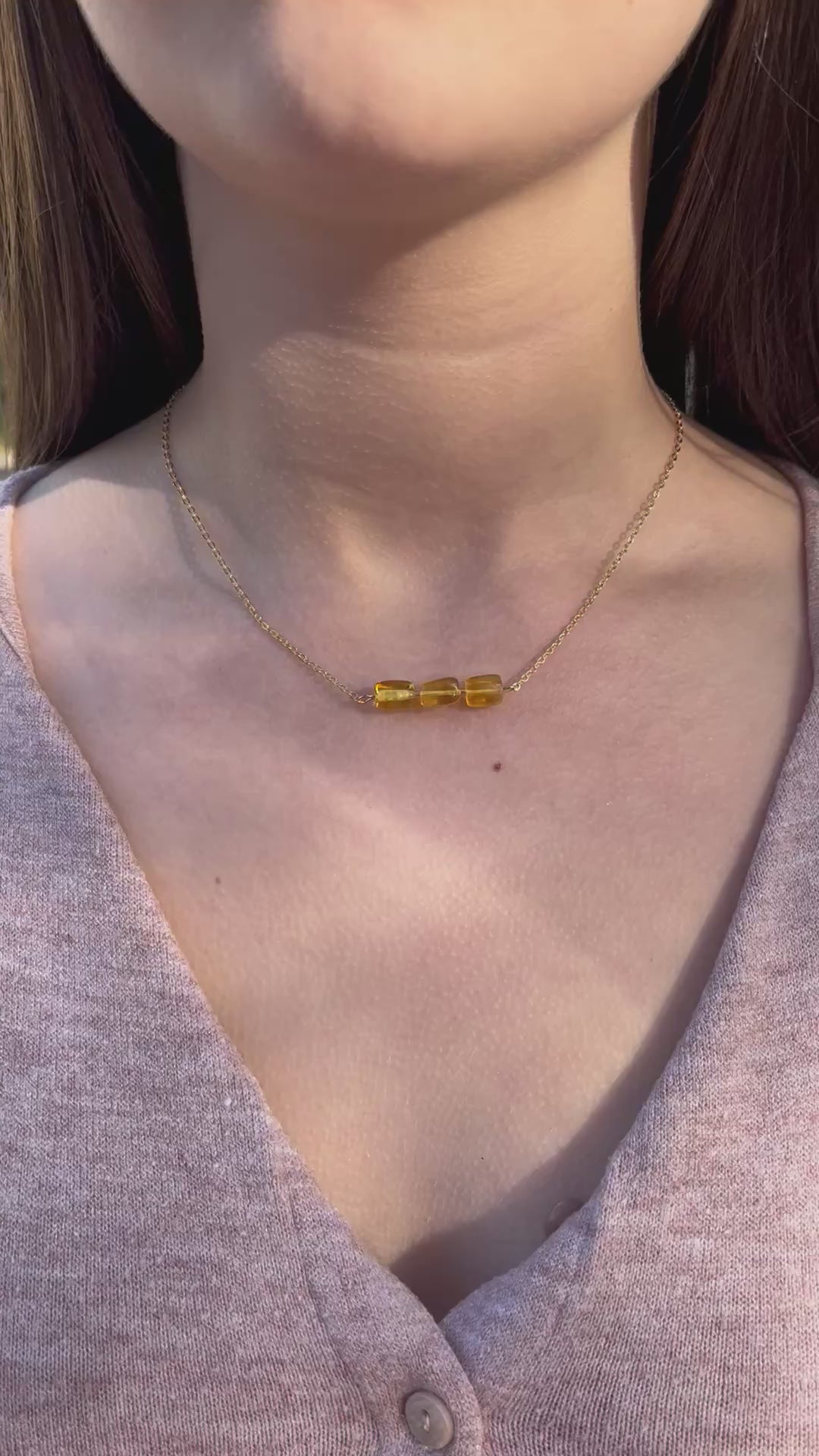 Natural Amber Necklace, chain 18k plated