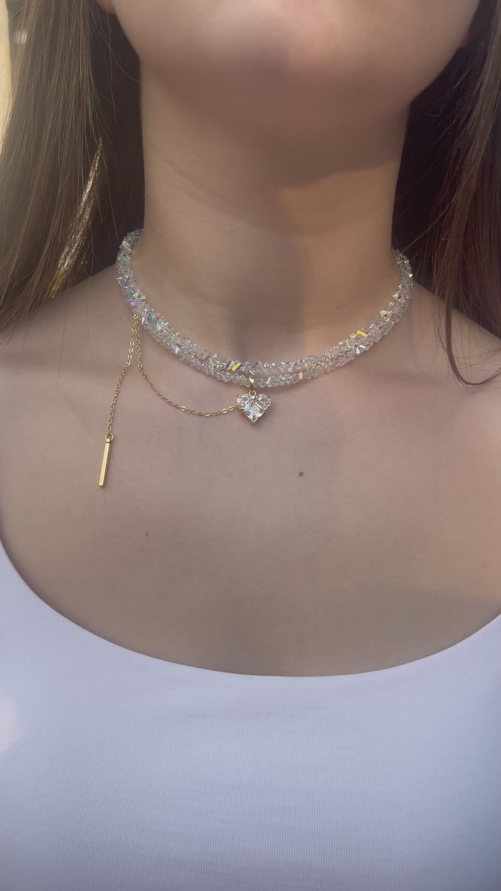 Set: Heart Crystal Choker Necklace and Earrings – 18K Gold Plated, Cubic Zirconia, Nickel Free
