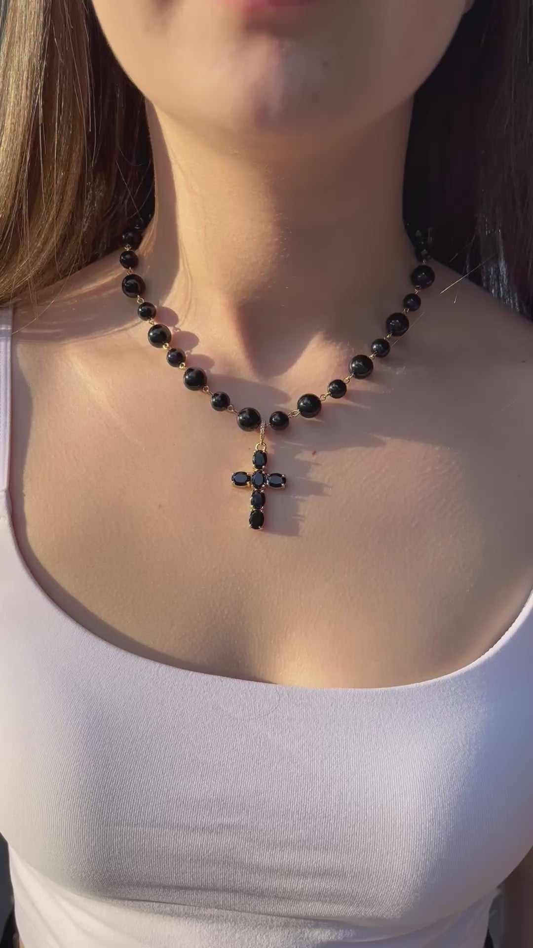 Black Onyx Necklace– 18K Gold Plated Zirconia Cross