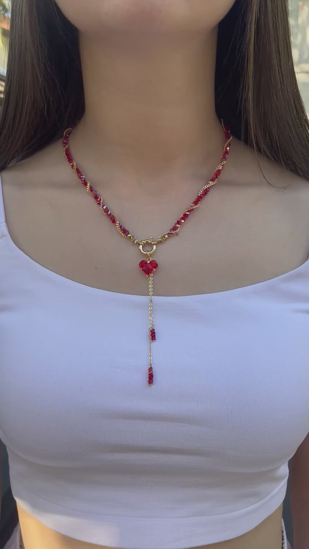 Set: Heart Red Crystal Y-Necklace and Earrings – 18K Gold Plated, Cubic Zirconia