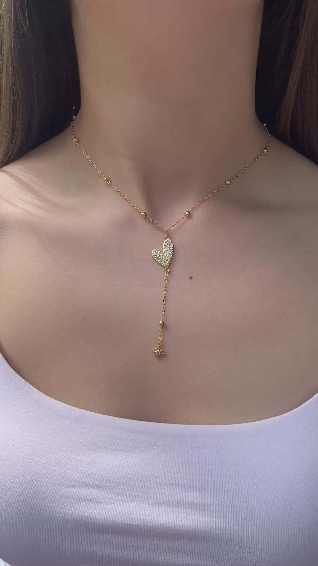 Lariat Y-Necklace, zirconia heart pendant 18k gold plated