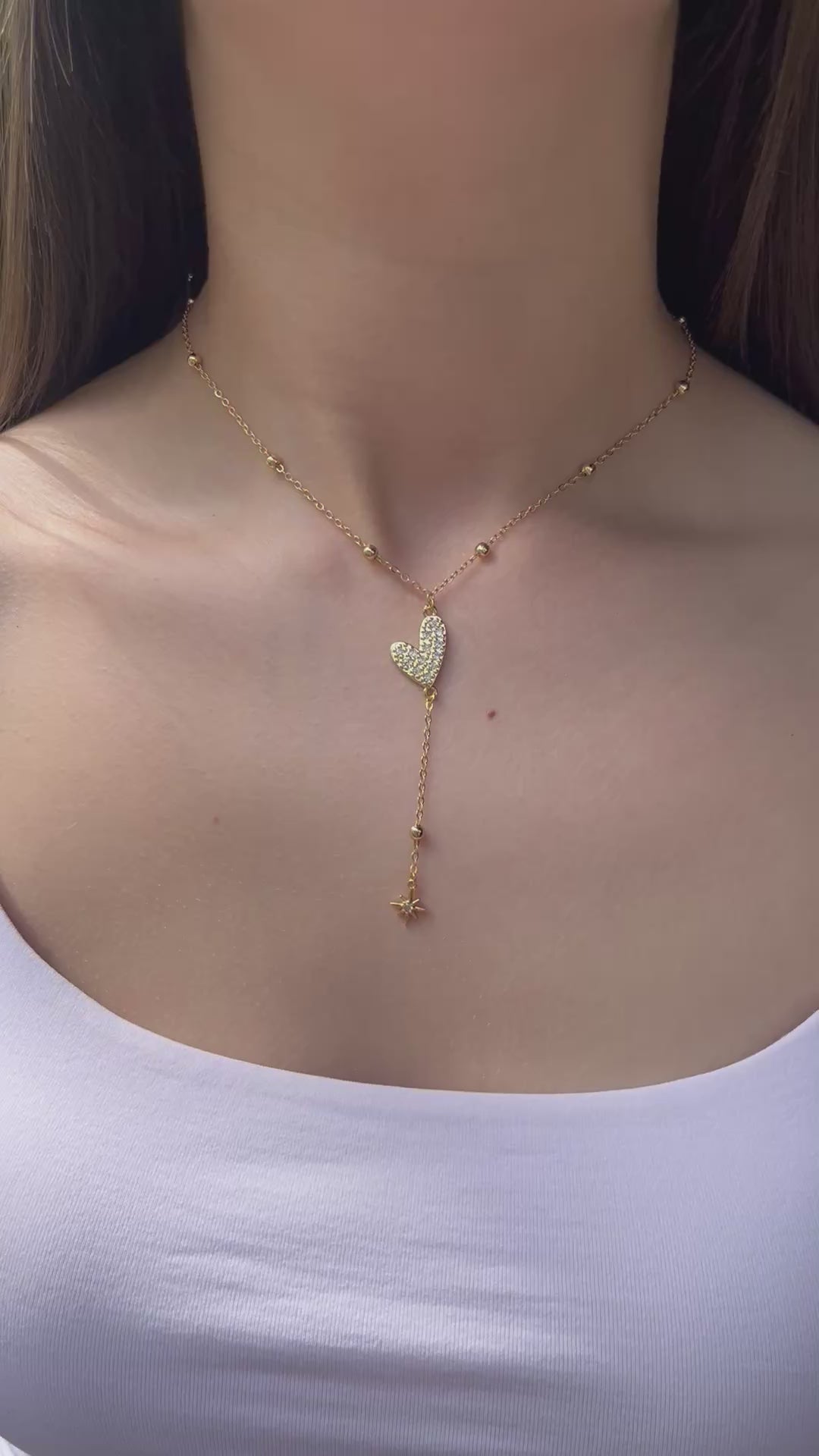Lariat Y-Necklace, zirconia heart pendant 18k gold plated