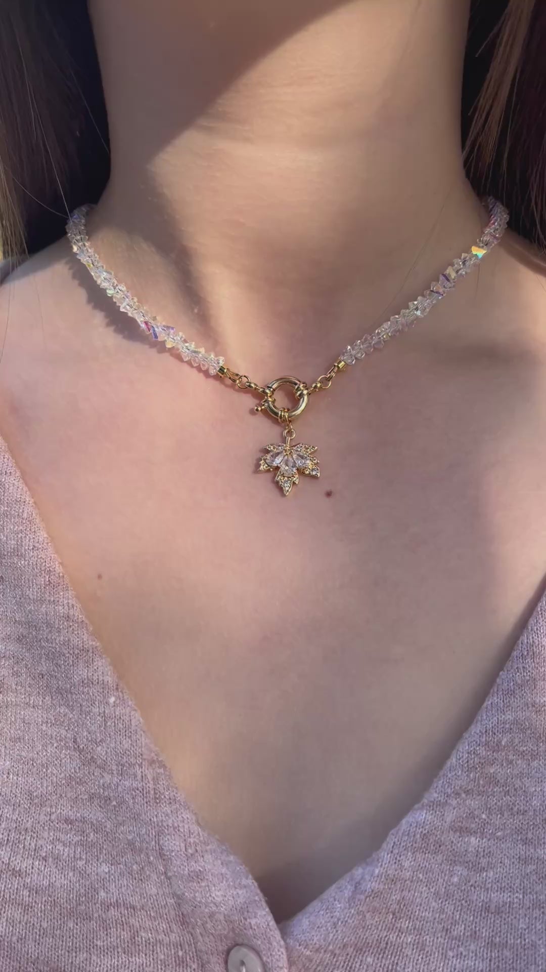 Crystal Glass Bead Choker: 18K Gold Pendant Maple Leaf