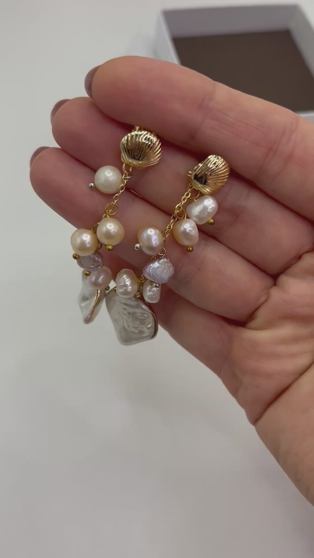 Long Natural Pearl Drop Earrings with baroque shell pendant