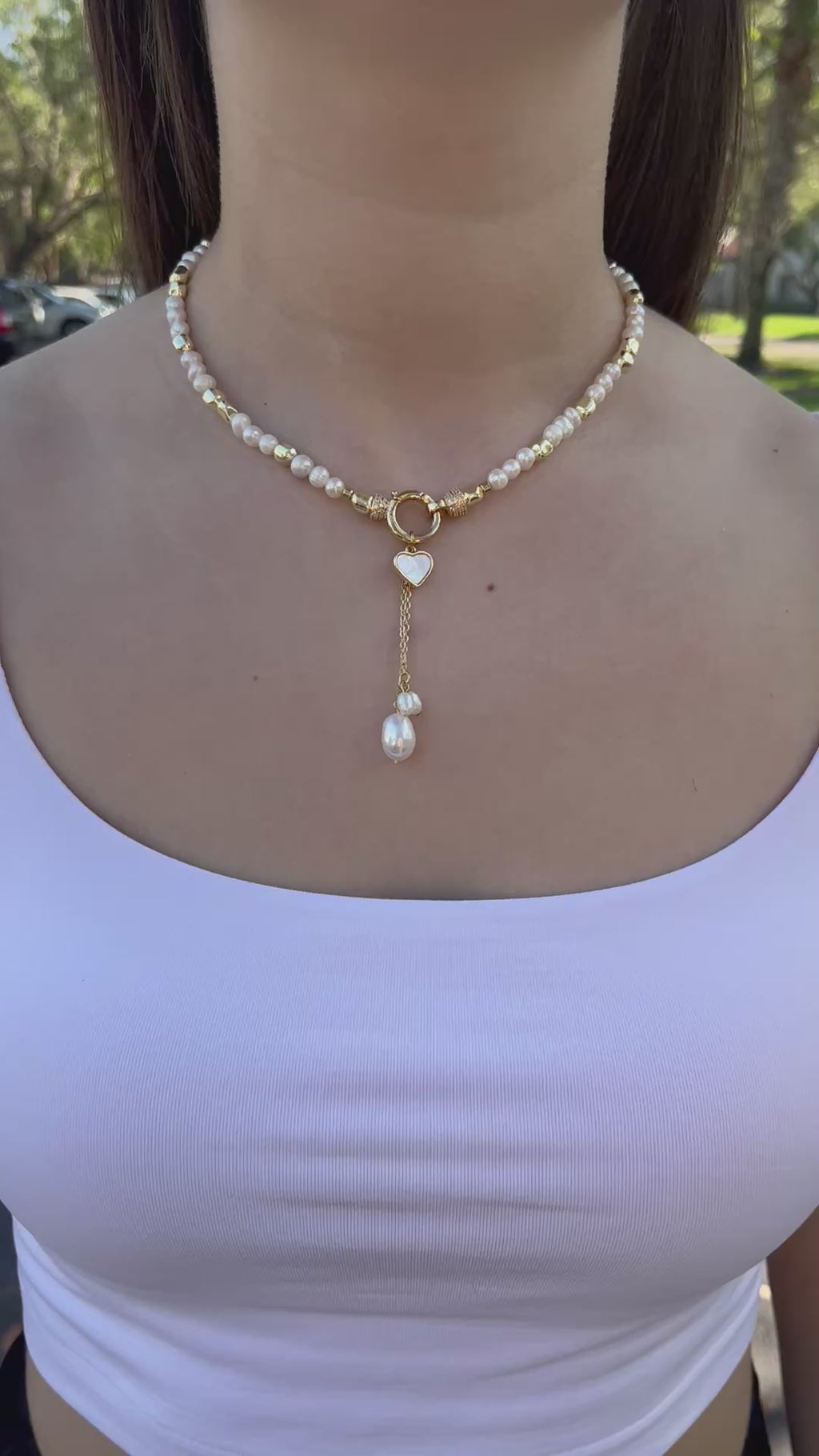 Freshwater Pearl Choker Necklace with heart pendant: 18K Gold Plated