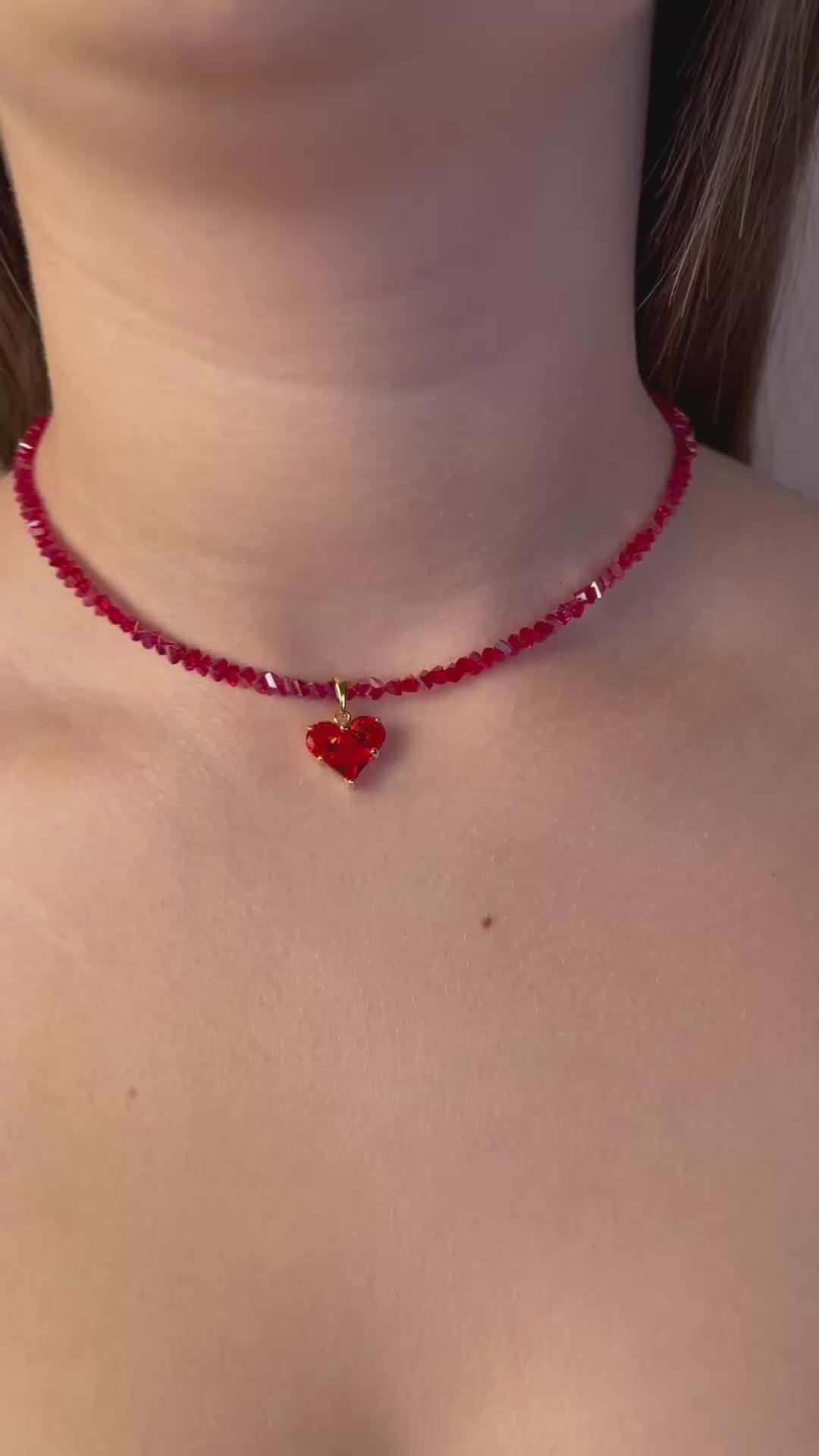 Crystal Red Glass Bead Choker: 18K Gold Heart Pendant