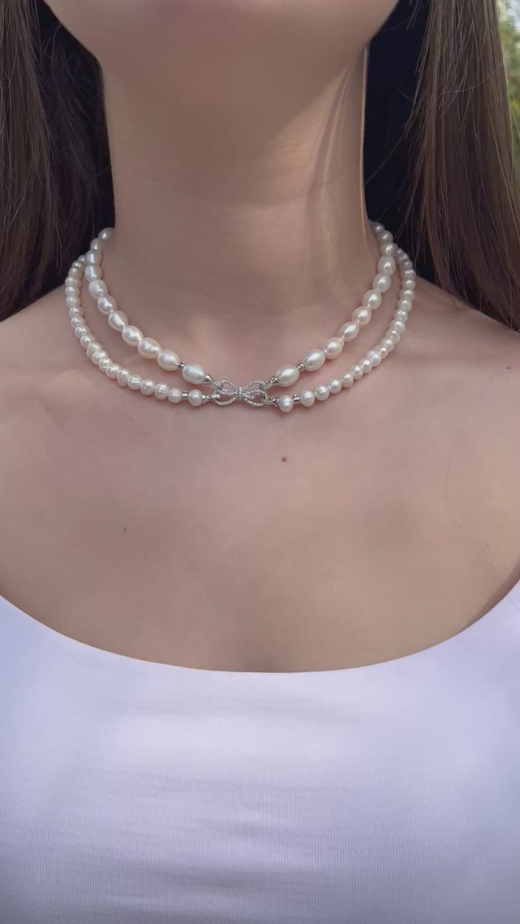 Layered Natural Pearl Necklace with 925 Sterling Silver Bowknot Clasp, Gift Box