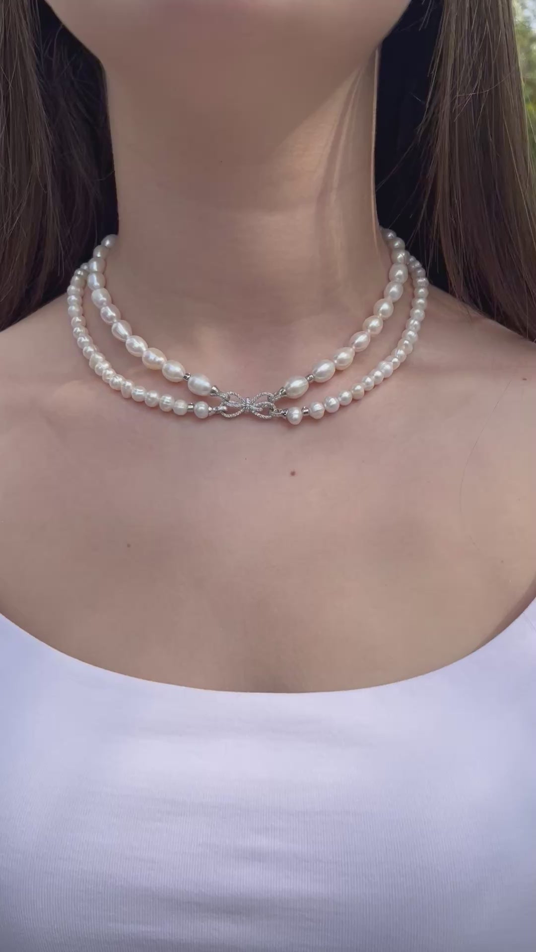 Layered Natural Pearl Necklace with 925 Sterling Silver Bowknot Clasp, Gift Box
