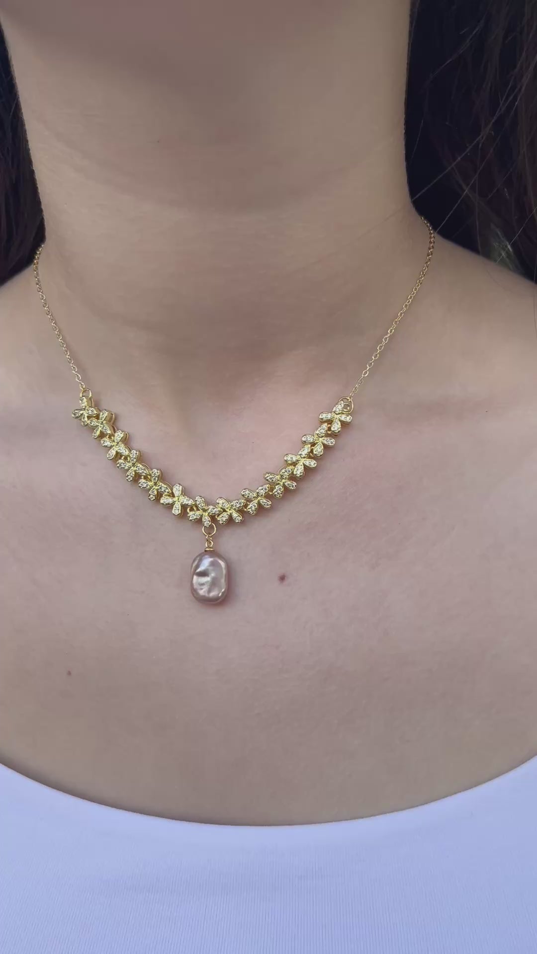 Baroque Pearl and zirconia Y-Necklace, 18k gold plated