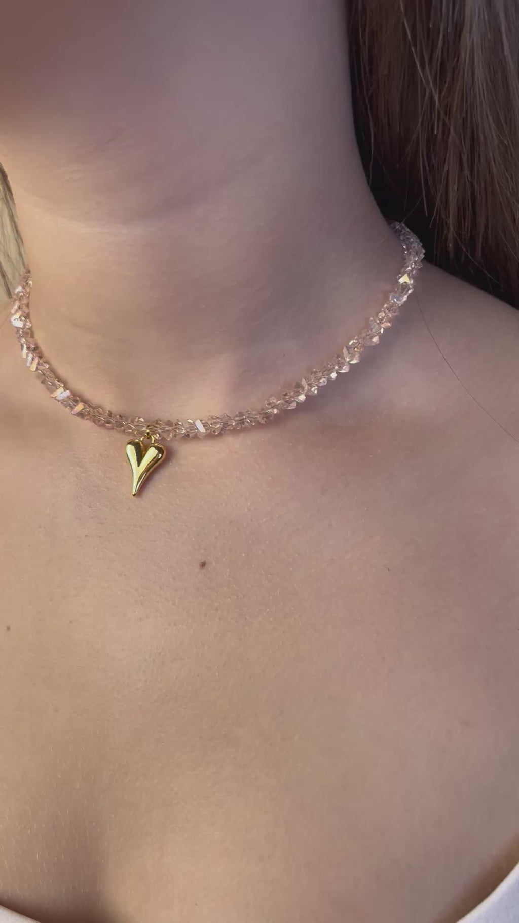 Crystal Glass Bead Choker: 18K Gold Heart Pendant