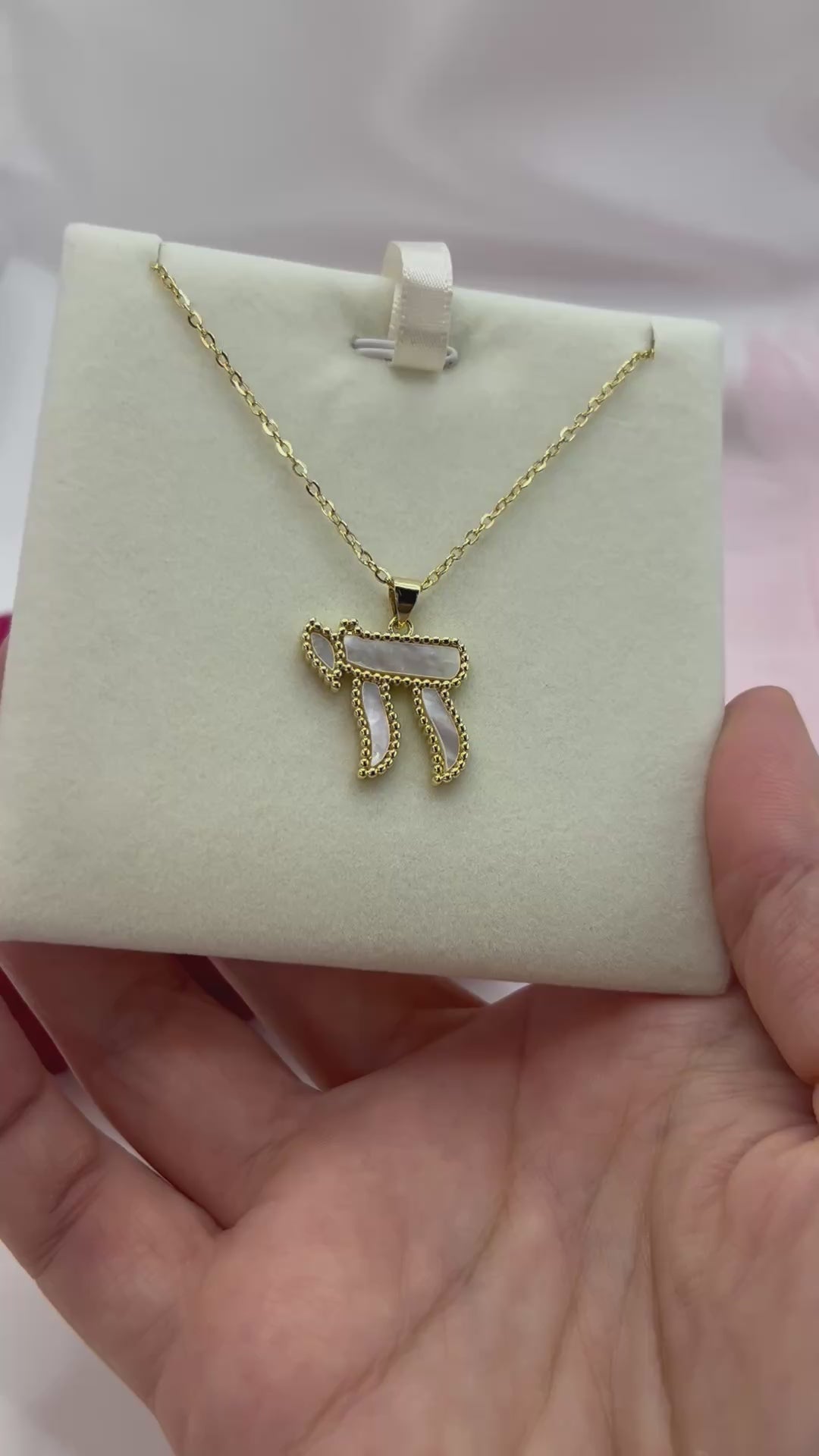 Chai Jewish Necklace – Natural White Shell & 18K Gold Plated Chain, including velvet box