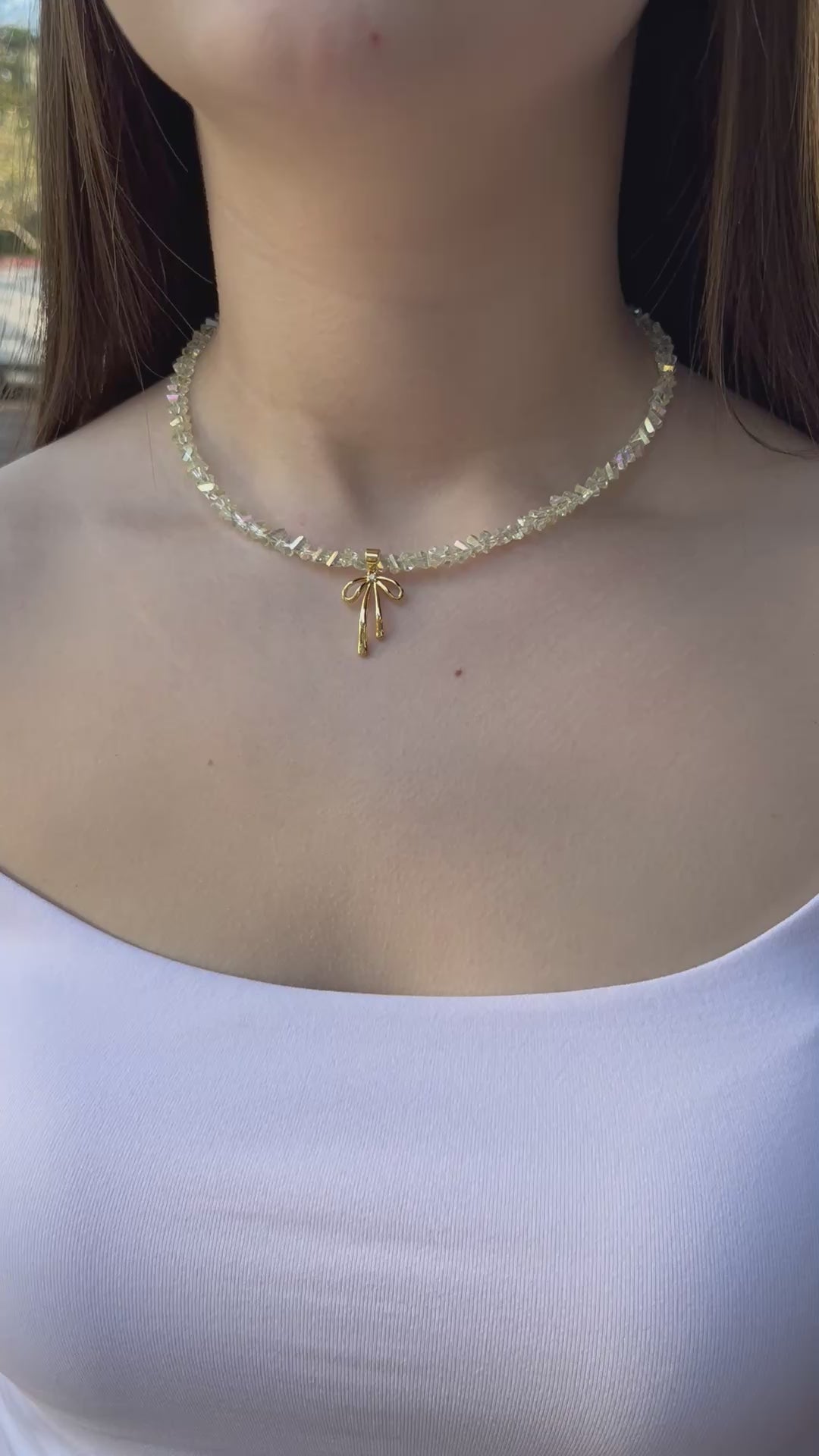 Crystal Glass Bead Choker: 18K Gold Bowknot Pendant