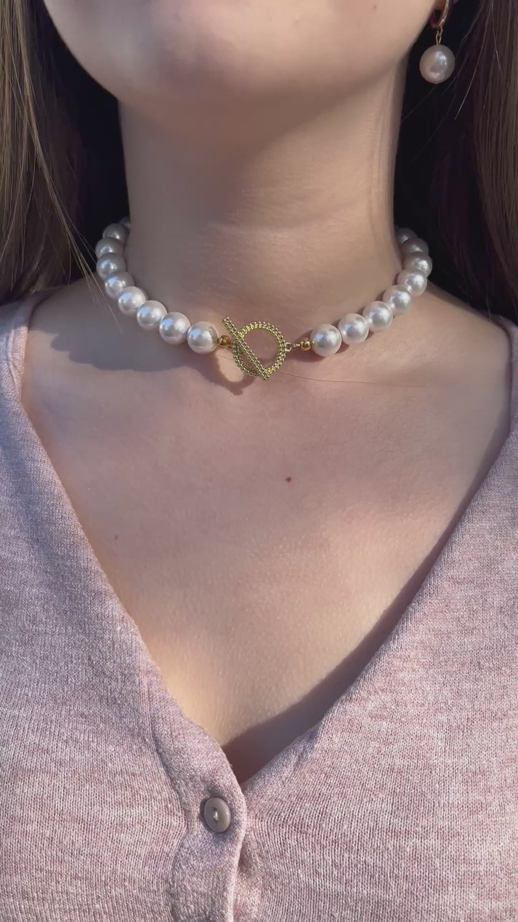 Shell Pearl Choker Necklace and earrings, 18K Gold Plated Clasp