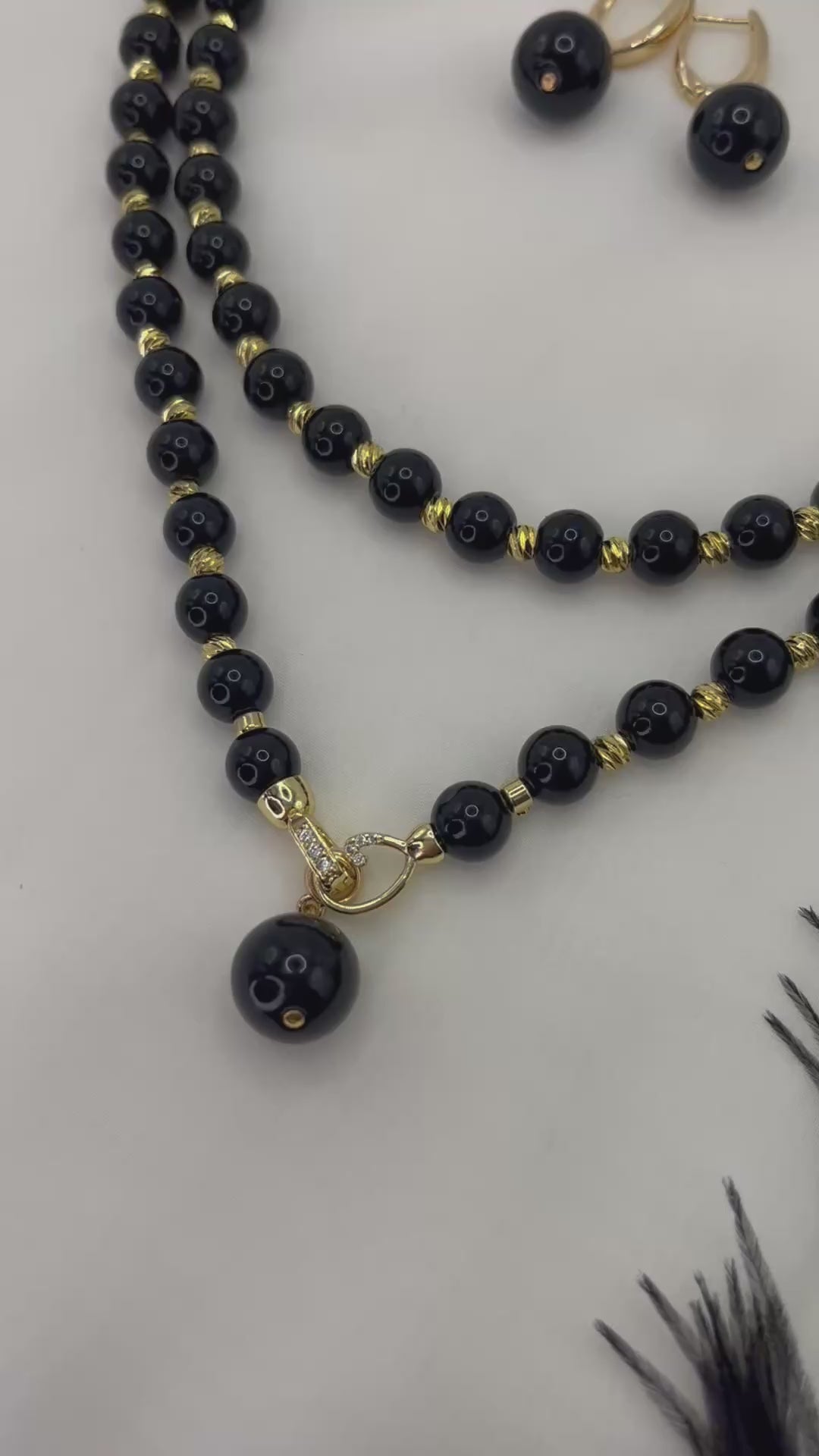 Set: Black Onyx Necklace and Earrings Set: 18K Gold Plated