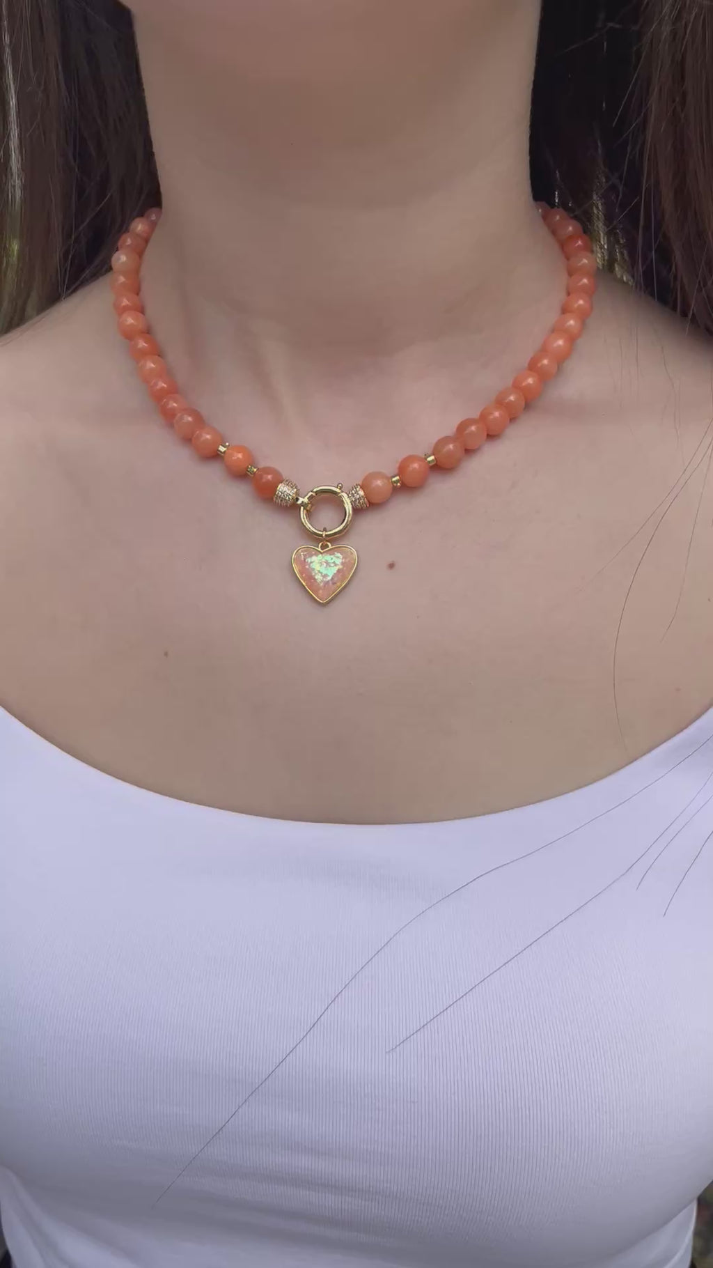 Natural Coral Jade Necklace with Heart Pendant