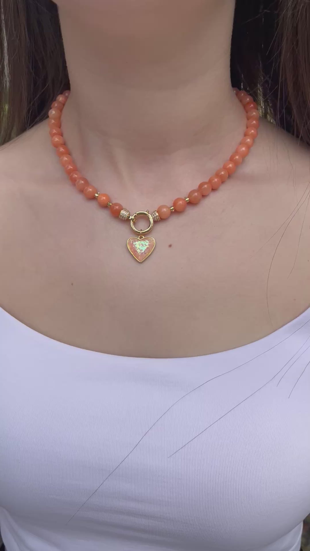 Natural Coral Jade Necklace with Heart Pendant