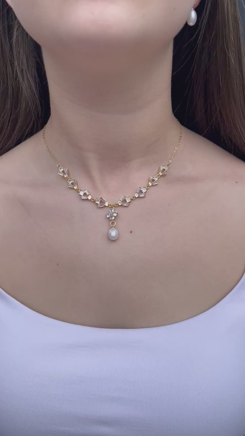 Natural Pearl & Zirconia Necklace with Earrings – 18K Gold Plated, Gift Box
