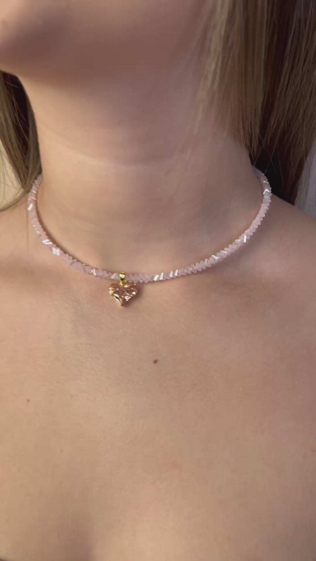 Crystal Pink Glass Bead Choker: 18K Gold Heart Pendant