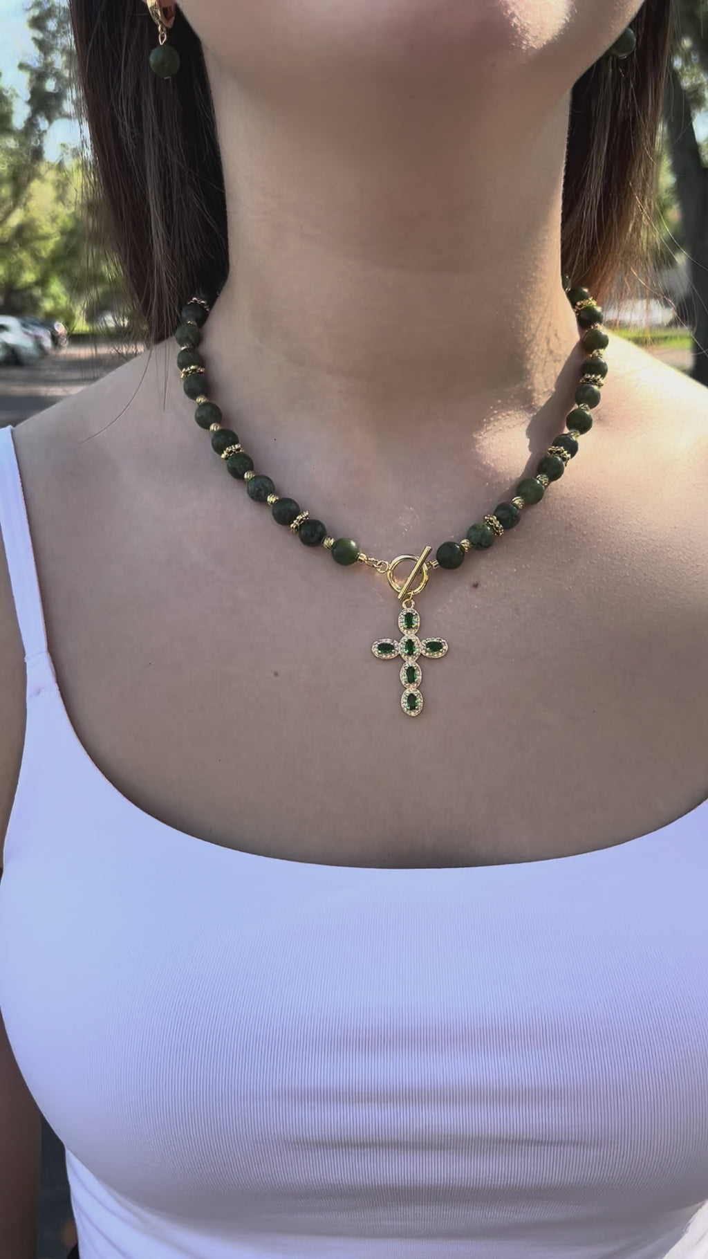 Set: Natural Taiwan Jade Necklace with Zirconia Cross 18K Gold plated