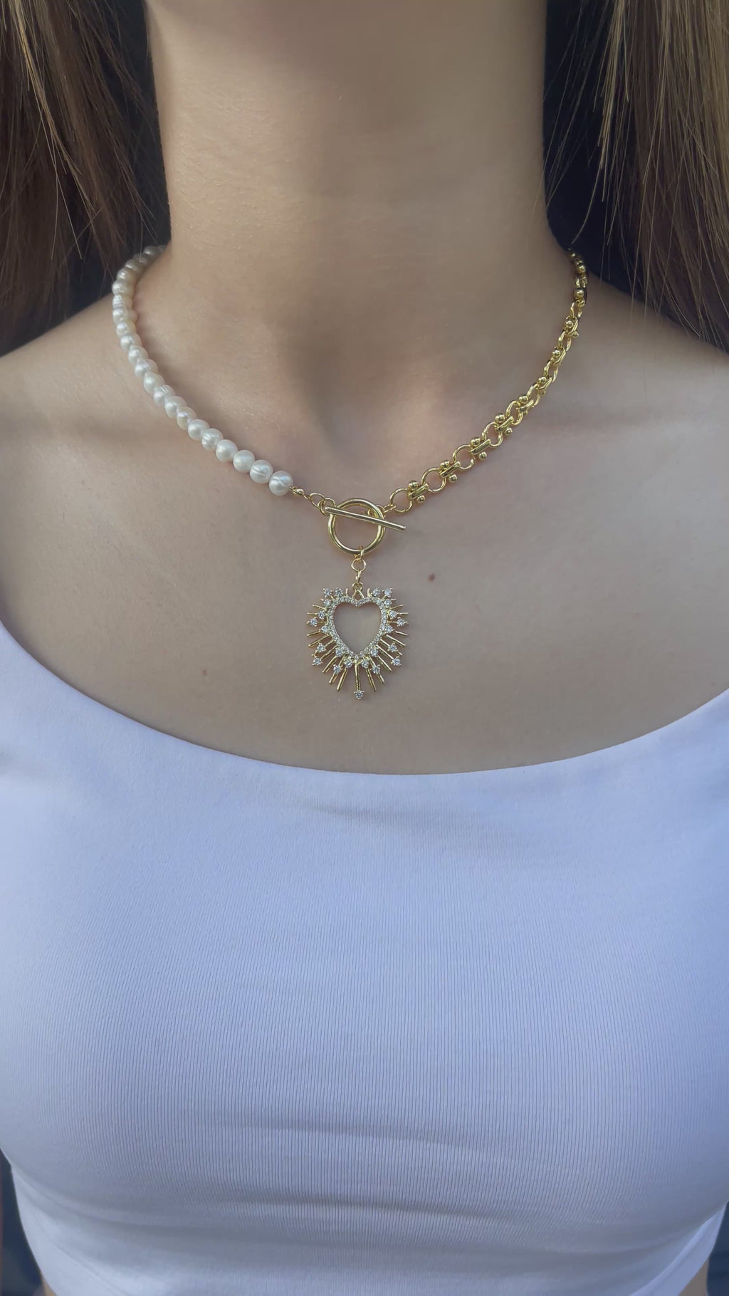 Asymmetrical Pearl Necklace with Heart Pendant, 18K Gold Plated Chain