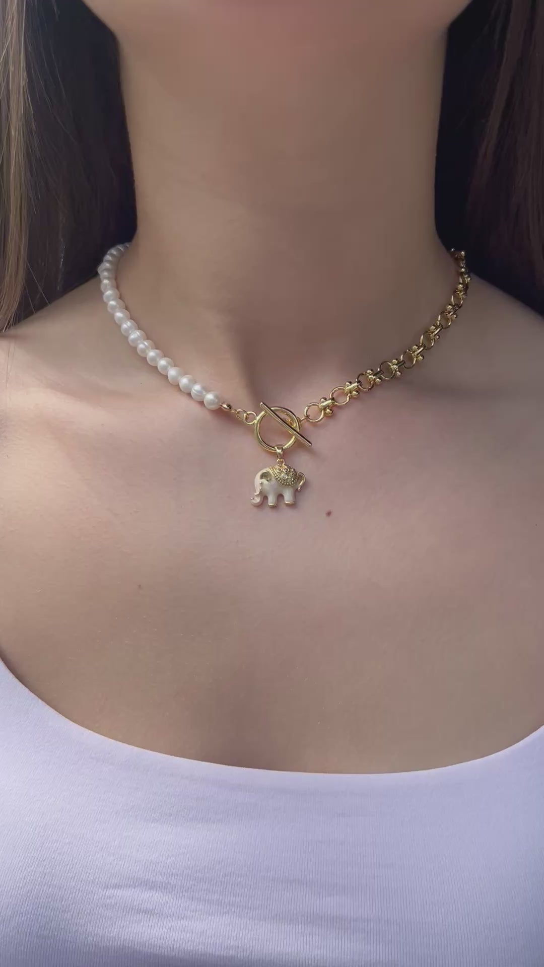 Asymmetrical Pearl Necklace with Elephant Pendant, 18K Gold Plated Chain