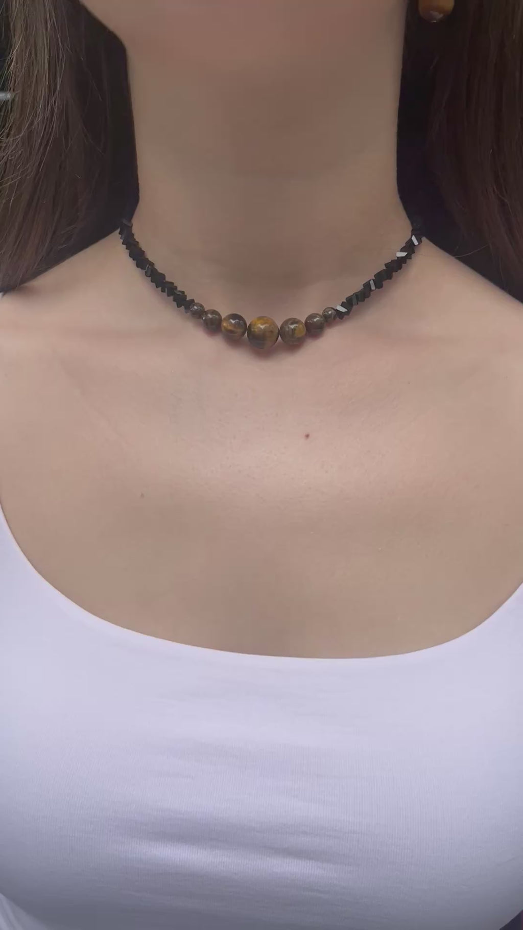 Set: Black Crystal Choker Necklace with Tiger Eye and earrings