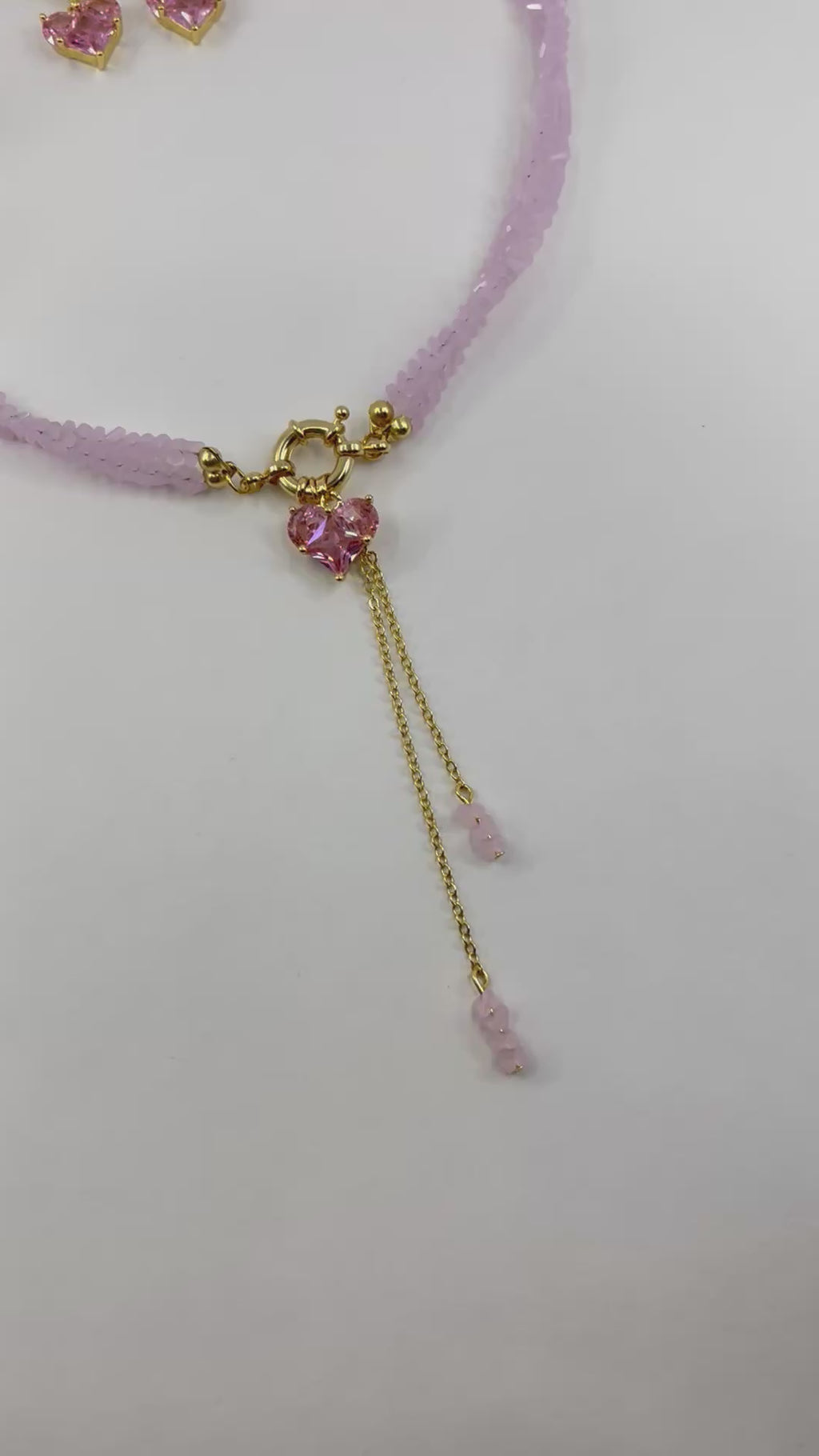 Set: Heart Pink Crystal Y-Necklace and Earrings – 18K Gold Plated, Cubic Zirconia