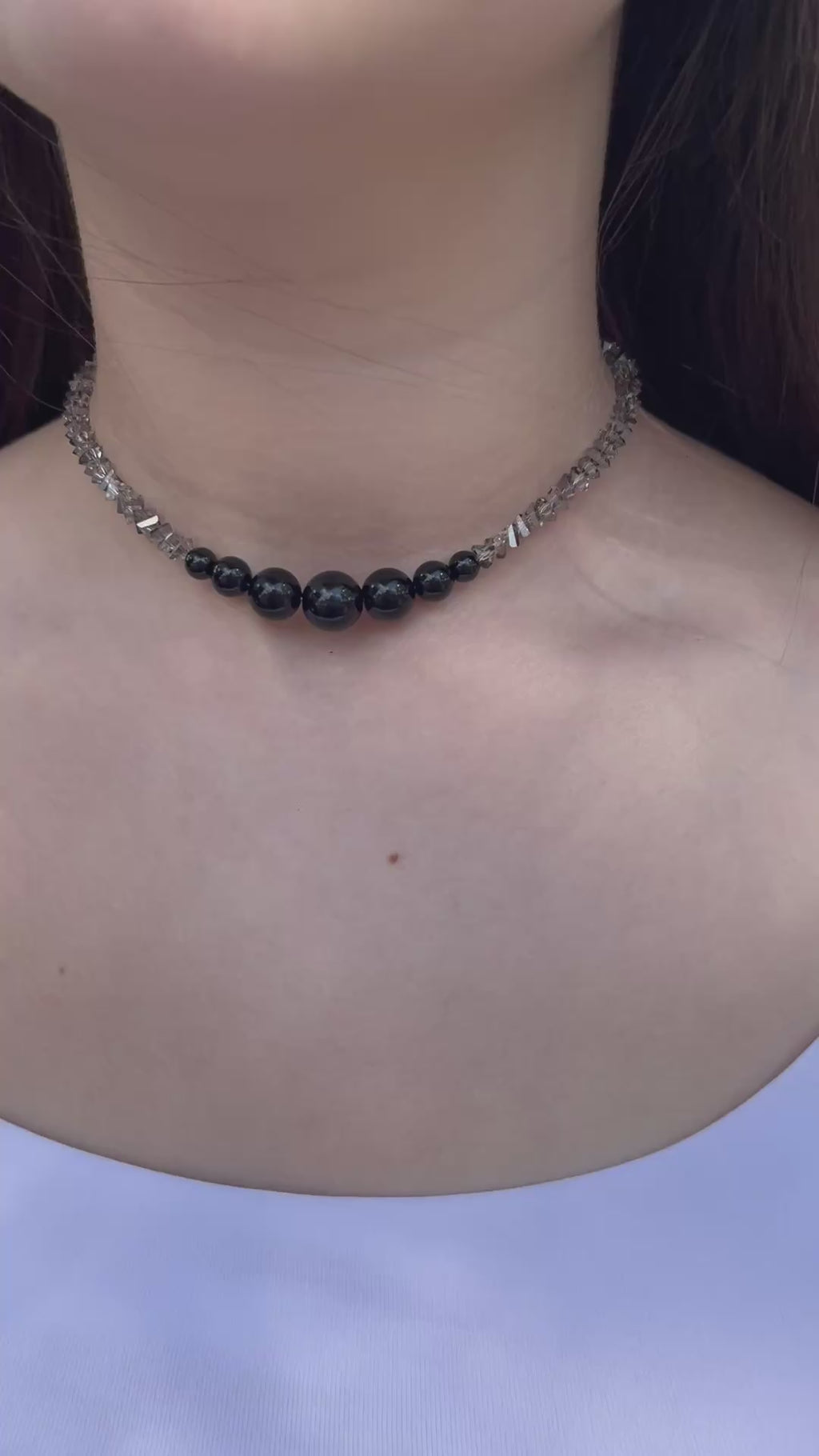Set: Black Crystal Choker Necklace with onyx and Earrings