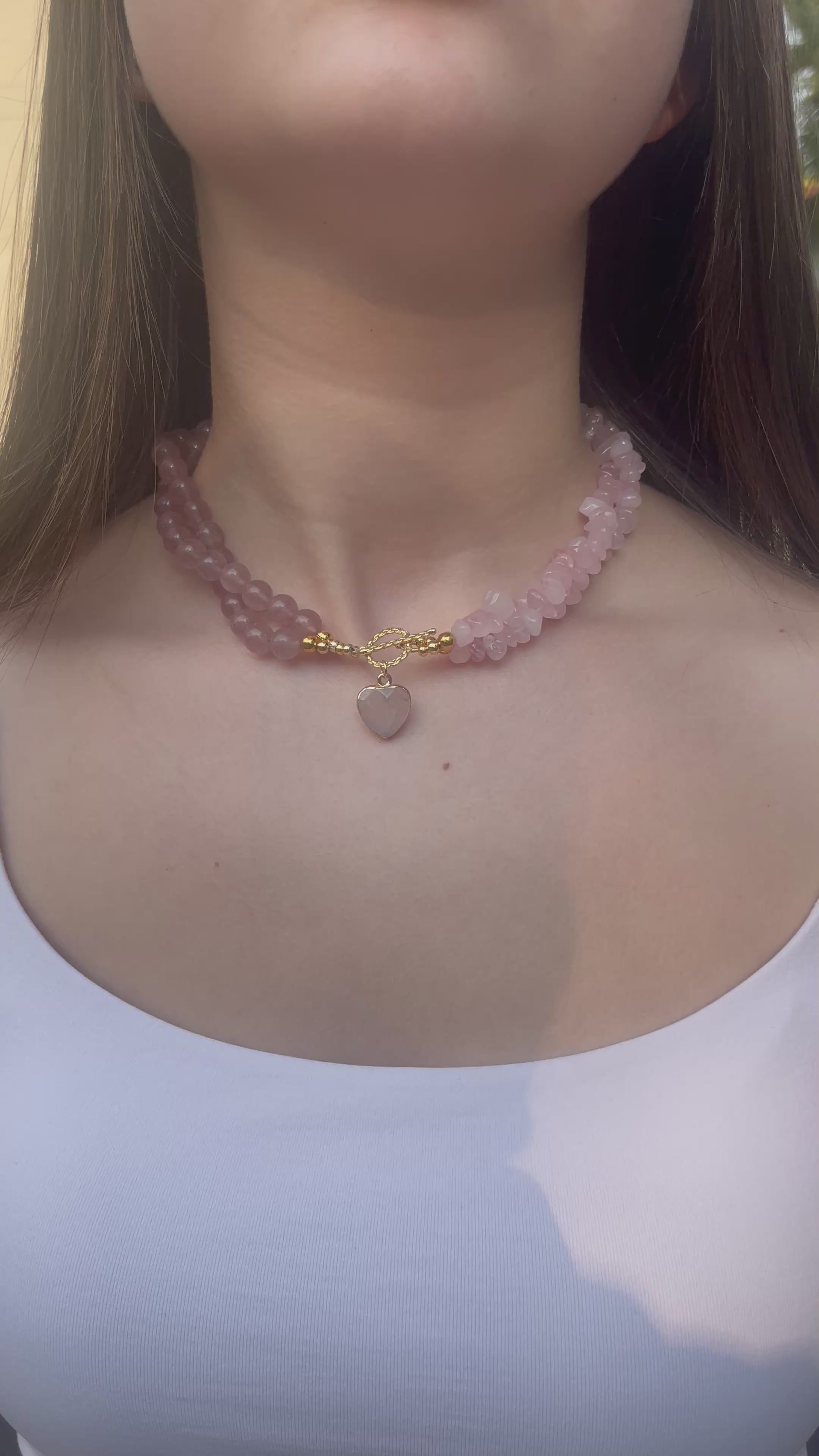 Asymmetrical Layered Strawberry Quartz Necklace with heart pendant: 18K Gold Plated Pendant