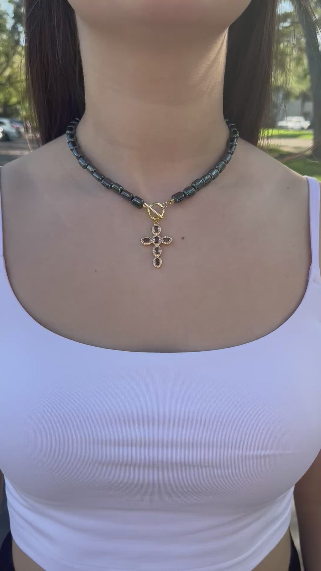 Hematite Choker Necklace with Cross pendant: 18K Gold Plated