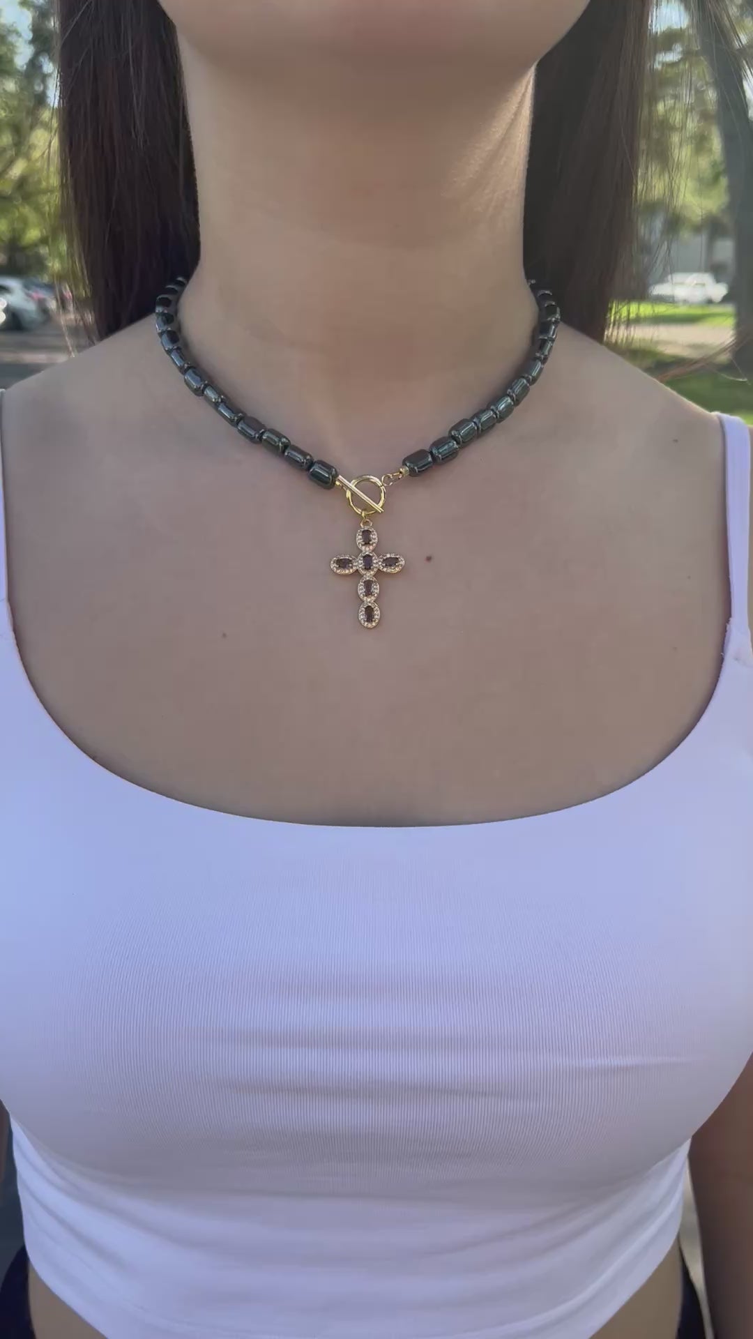 Hematite Choker Necklace with Cross pendant: 18K Gold Plated