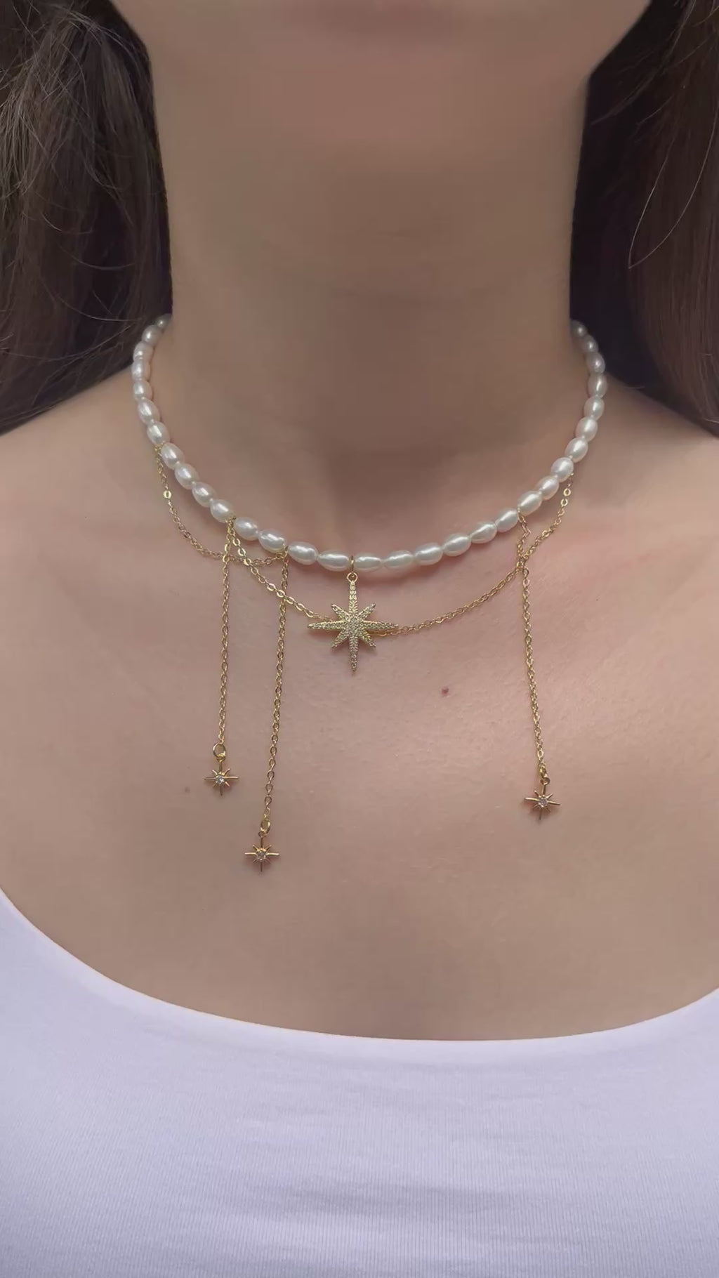Layered Pearl Star Necklace, 18K Gold Plated
