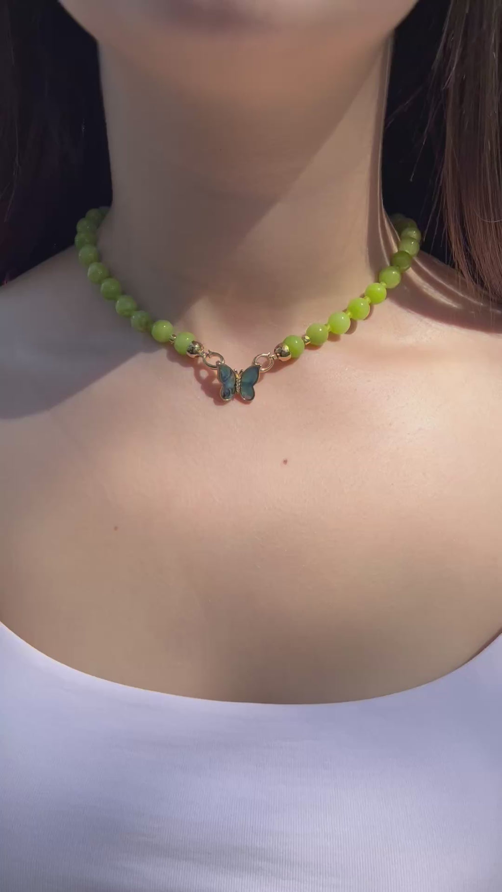 Natural Light Green Jade Necklace with 18K Gold Butterfly Clasp