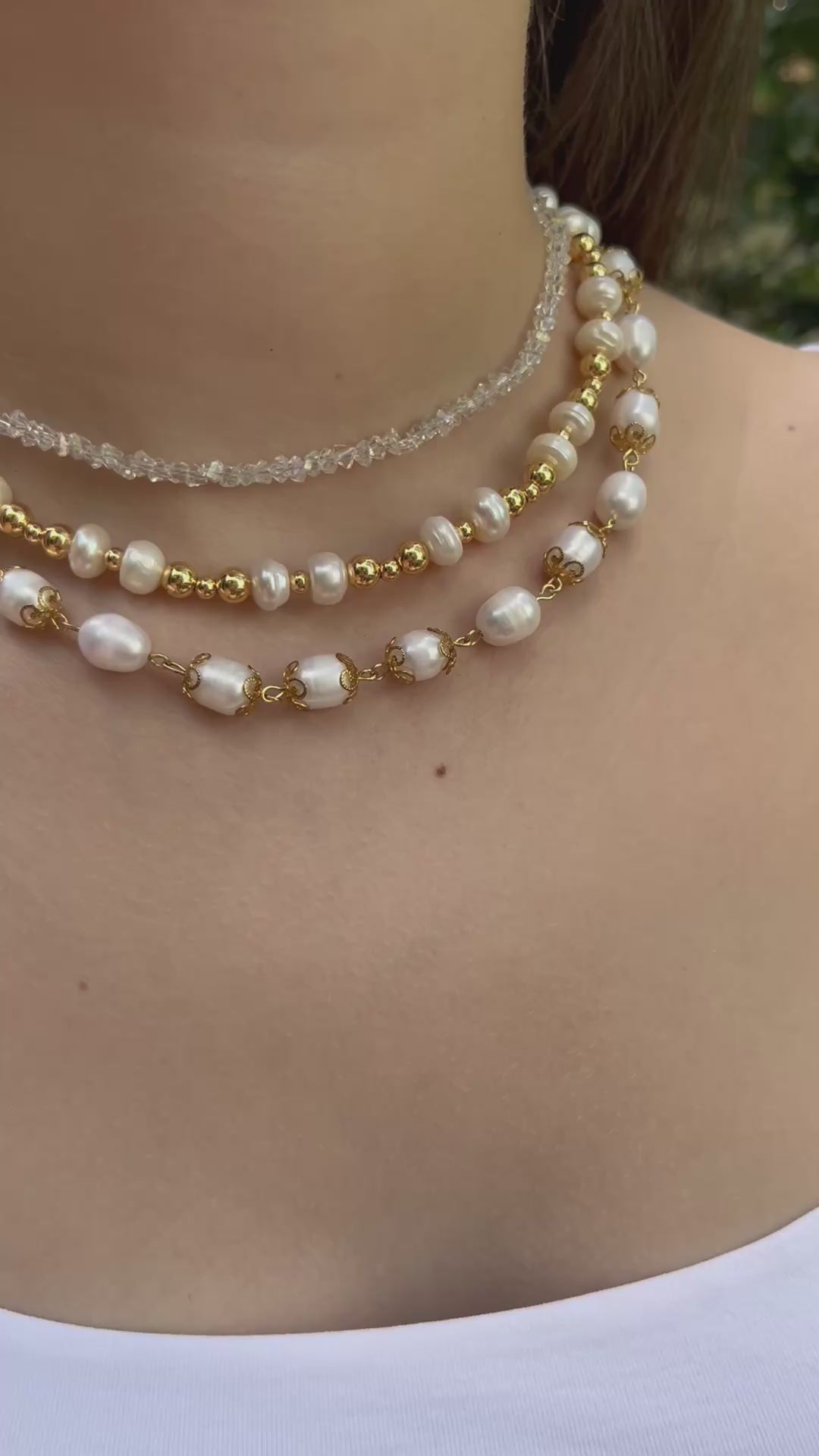 Three-Strand Natural Pearl & Crystal Necklace with Hoop Earrings Set – 18K Gold Plated, Gift Box
