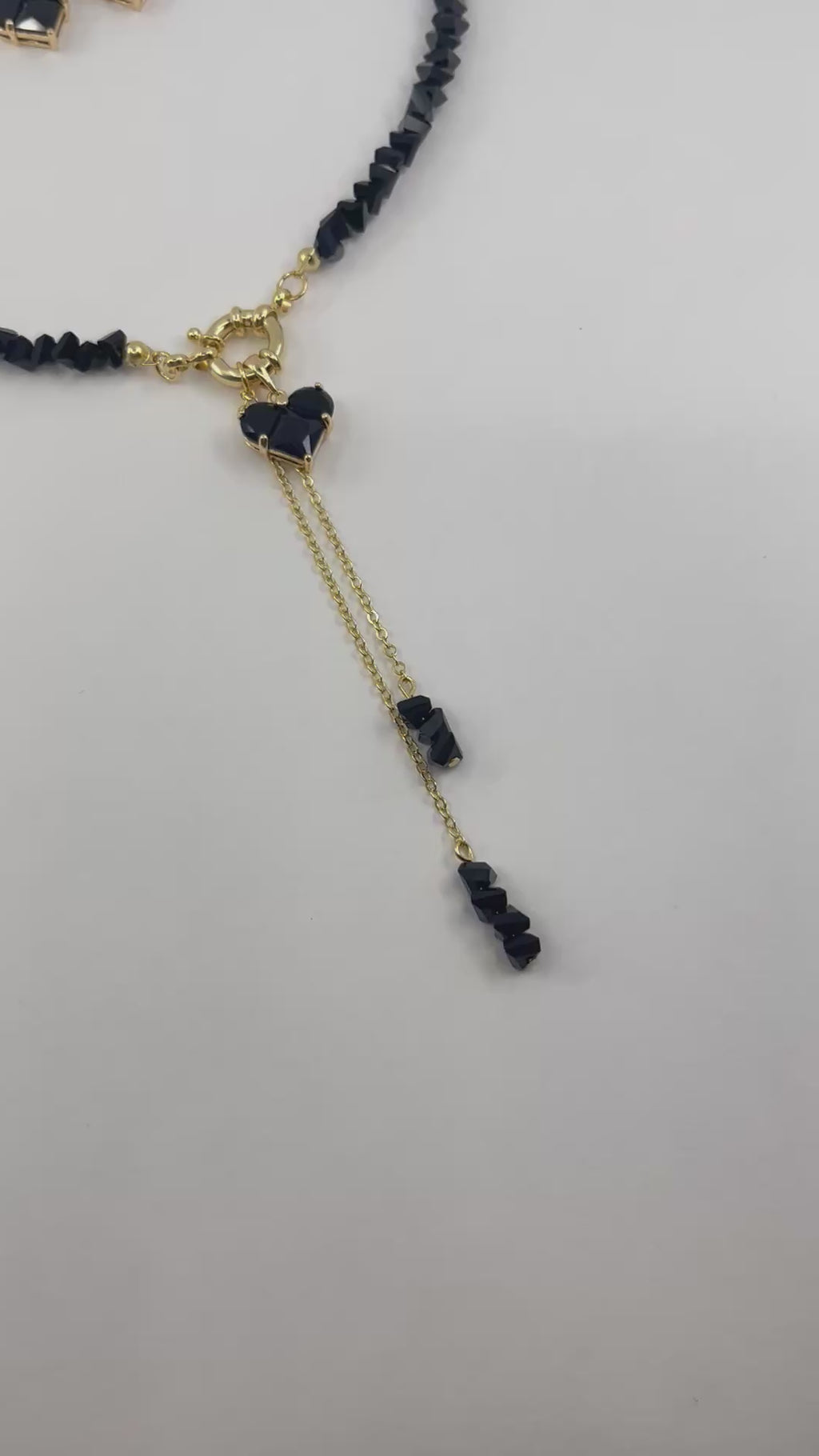 Set: Heart Black Crystal Y-Necklace and Earrings – 18K Gold Plated, Cubic Zirconia