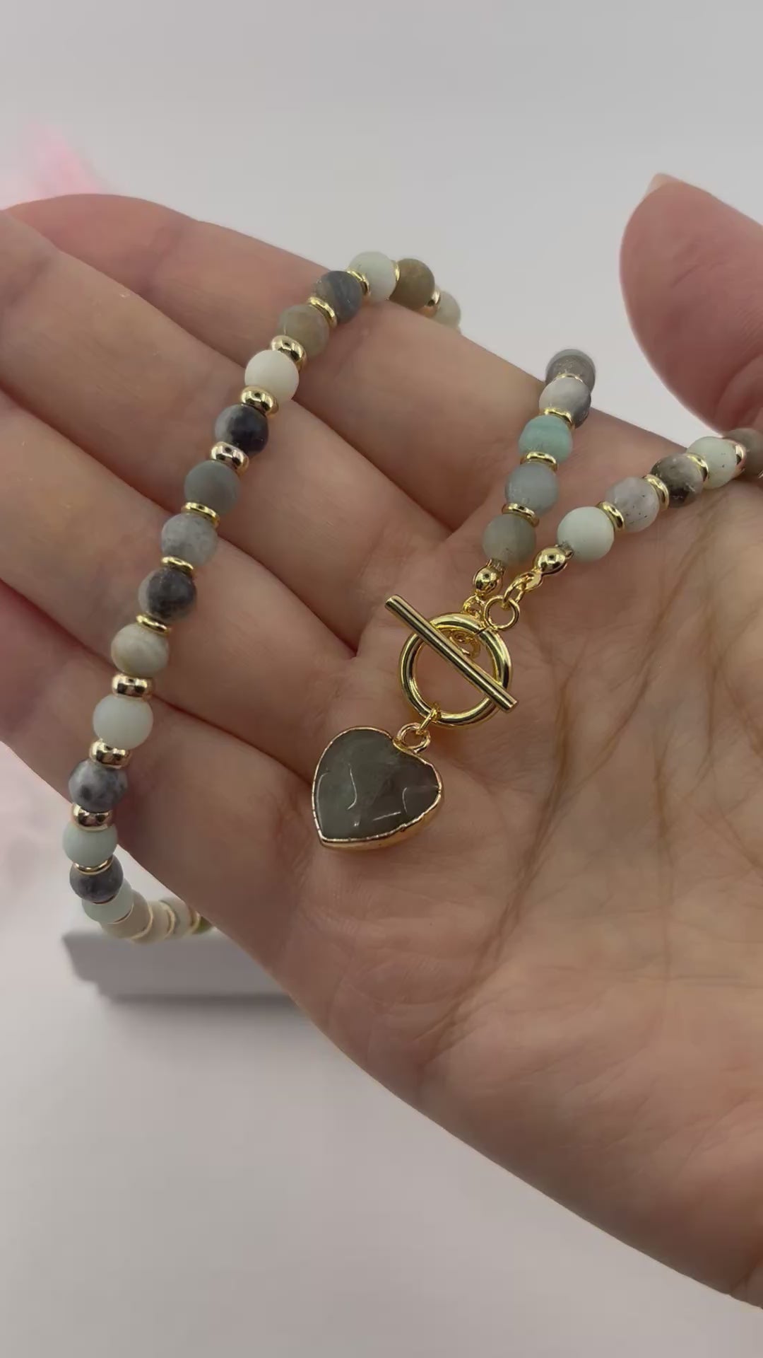 Natural Amazonite Heart Necklace, 18k gold plated clasp