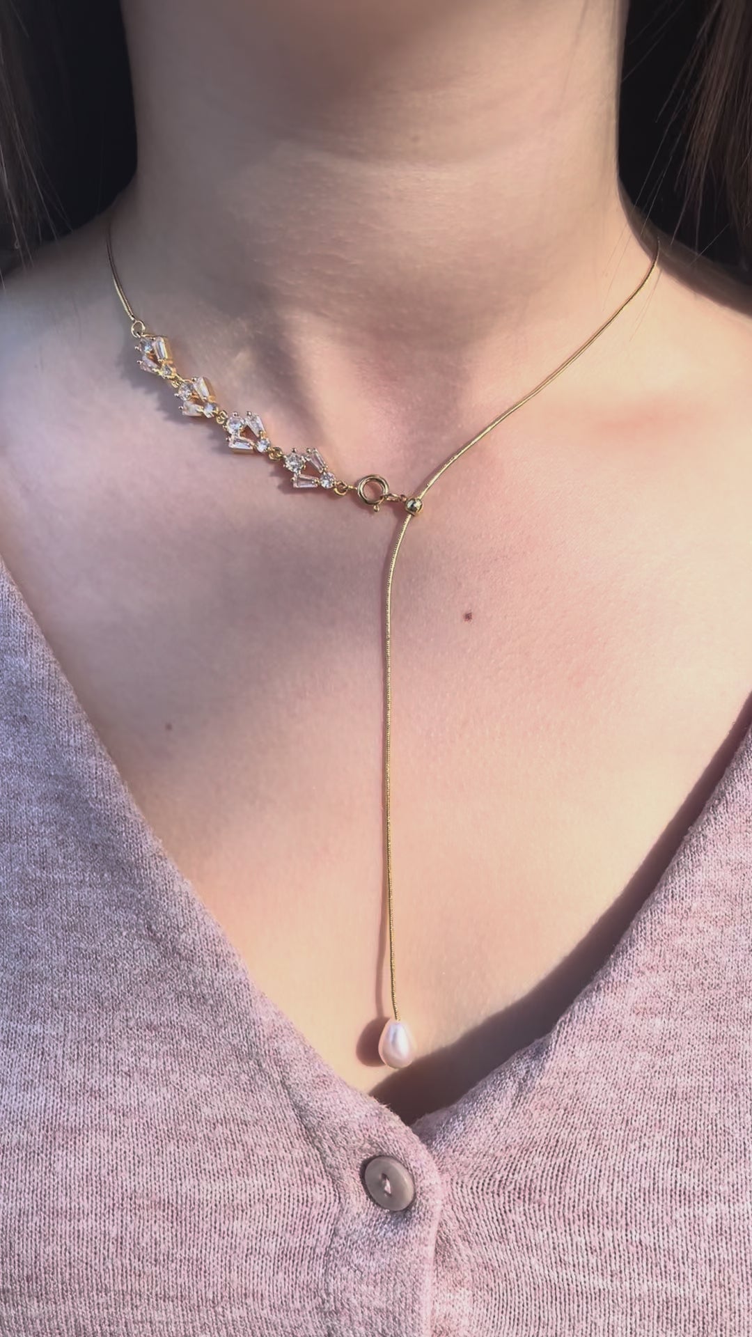 Baroque Pearl and zirconia Y-Necklace, 18k gold plated