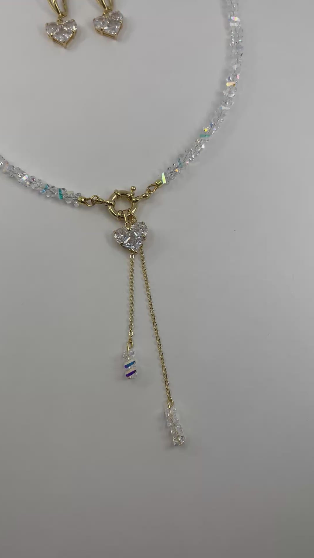 Set: Heart Crystal Y-Necklace and Earrings – 18K Gold Plated, Cubic Zirconia