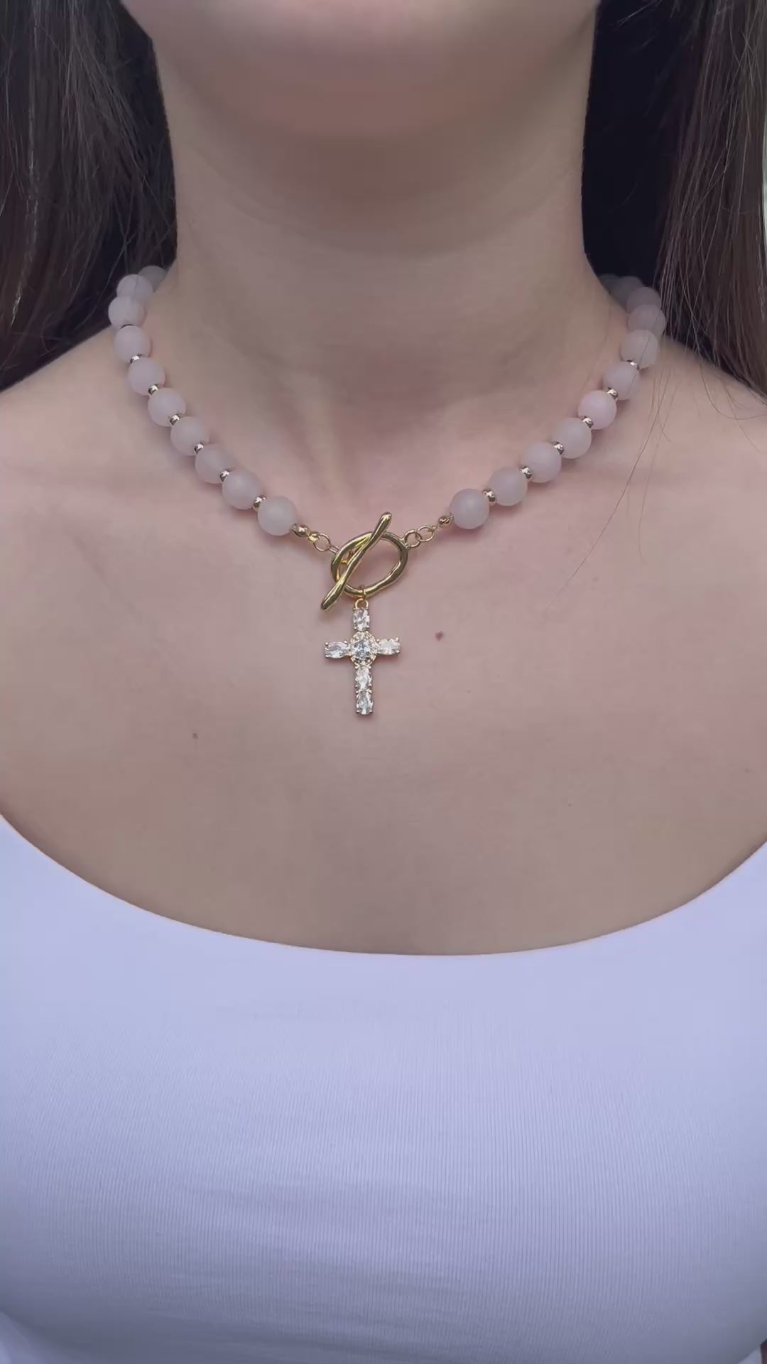 Set: Rose Quartz Cross Necklace and Earrings, 18k gold plated