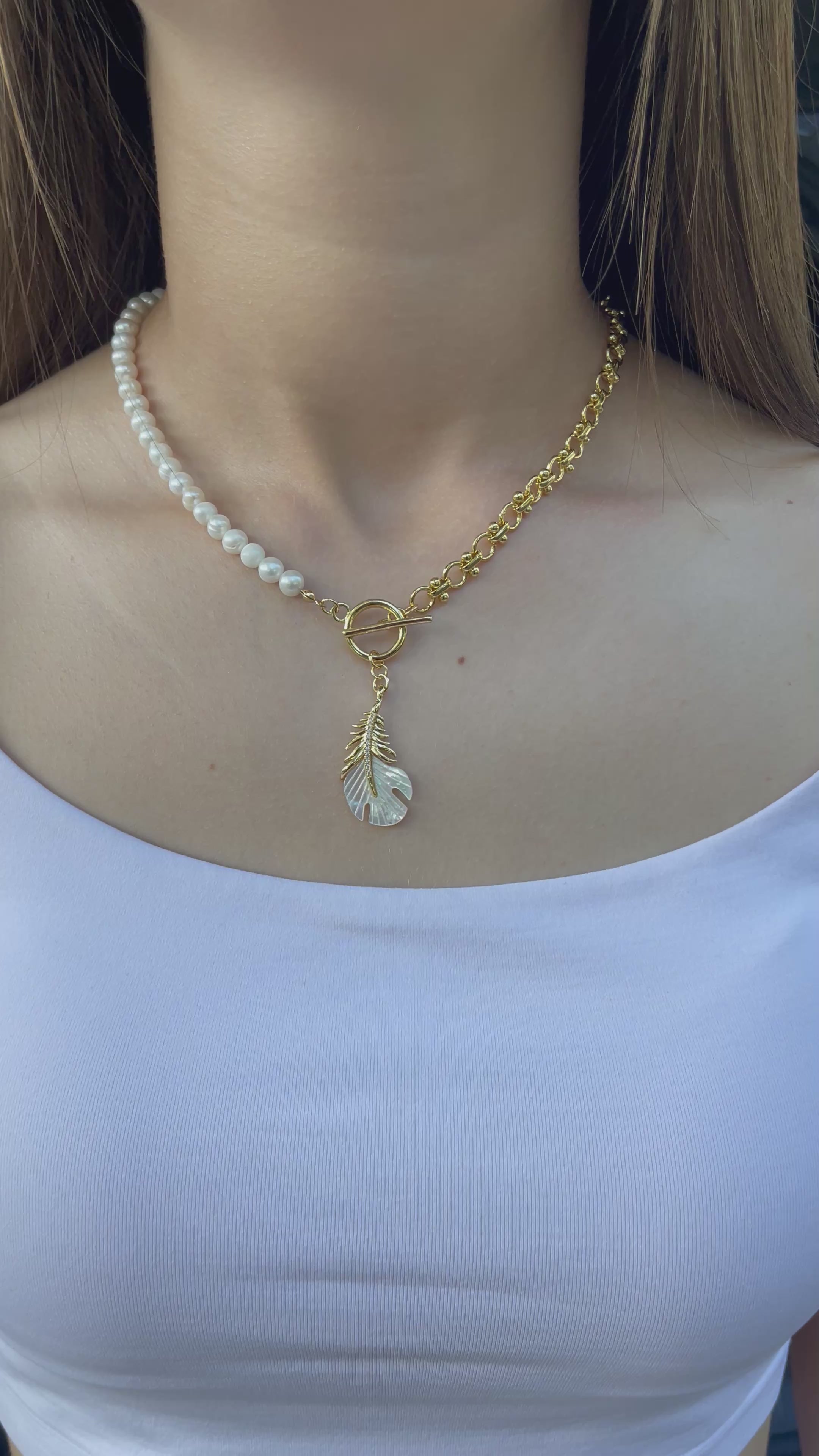 Asymmetrical Pearl Necklace with Feather Pendant, 18K Gold Plated Chain