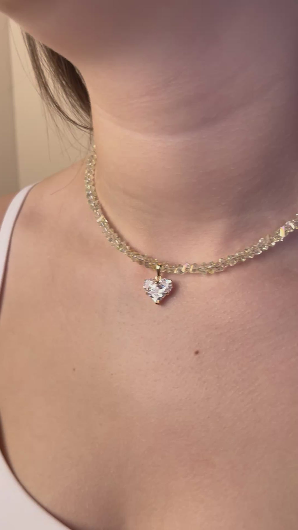 Crystal Glass Bead Choker: 18K Gold Heart Pendant