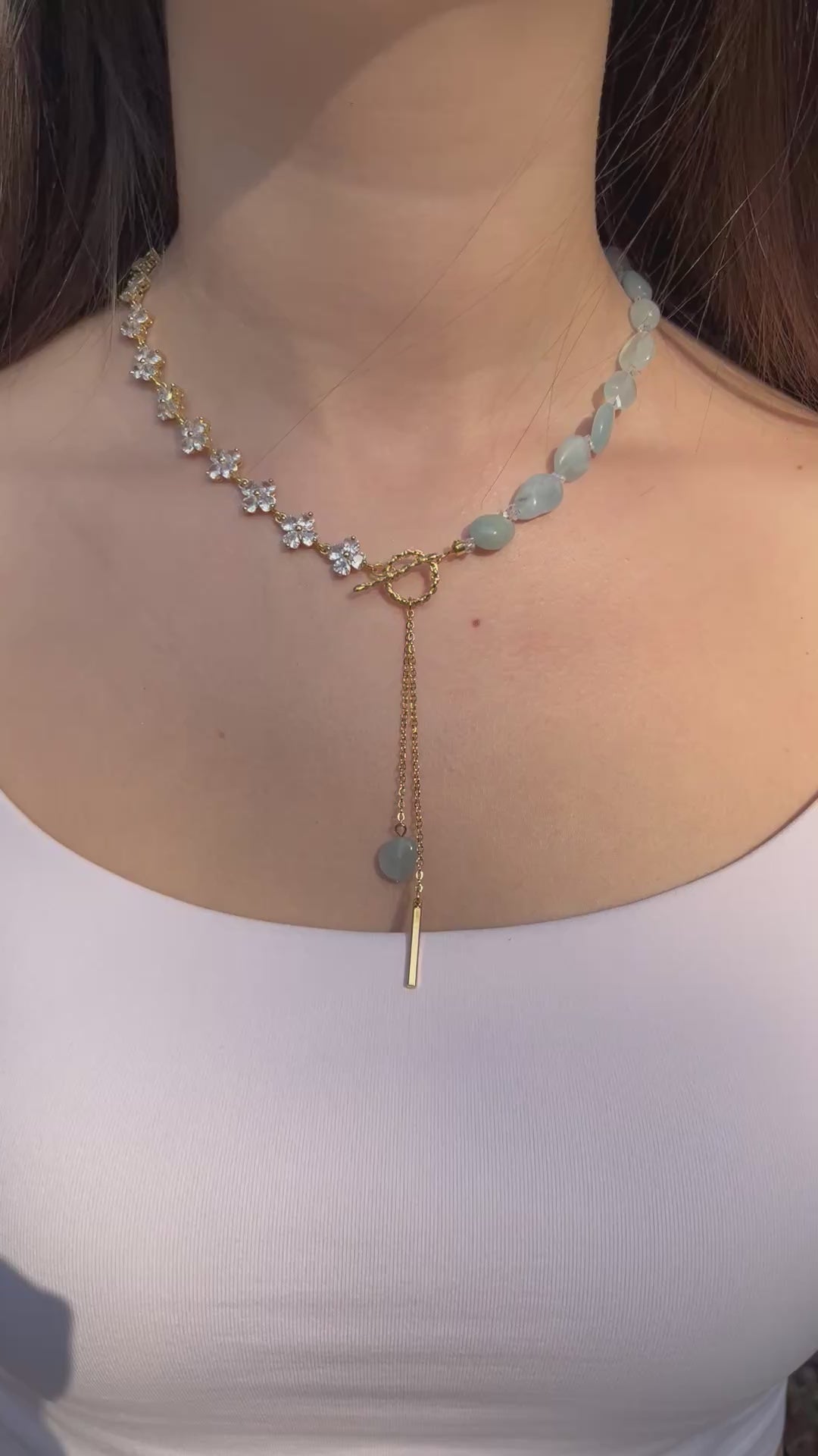 Asymmetrical Aquamarine Y-Necklace, zirconia chain, Bar pendant