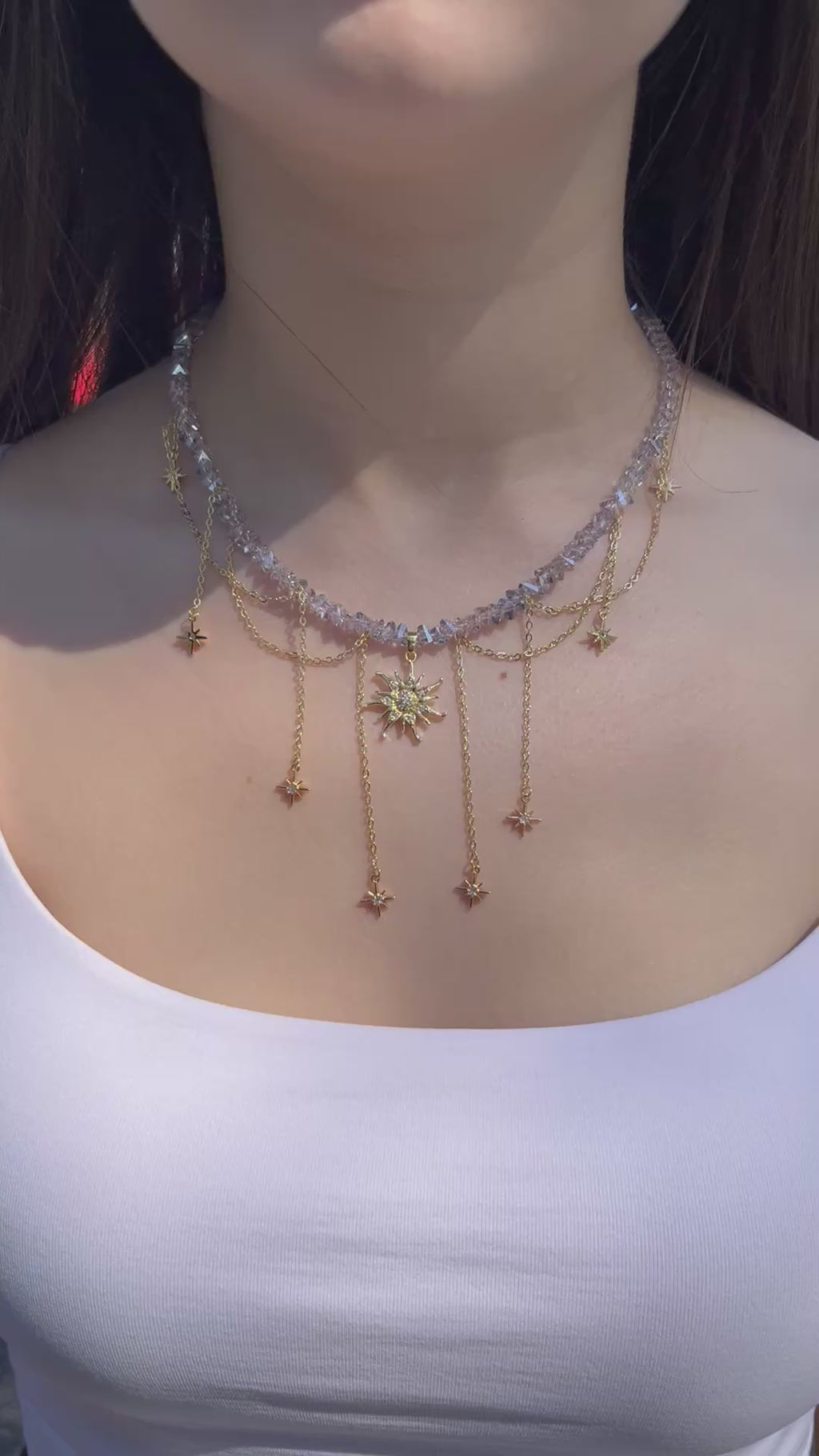 Handmade Crystal Sun & Star Necklace, 18K Gold Plated