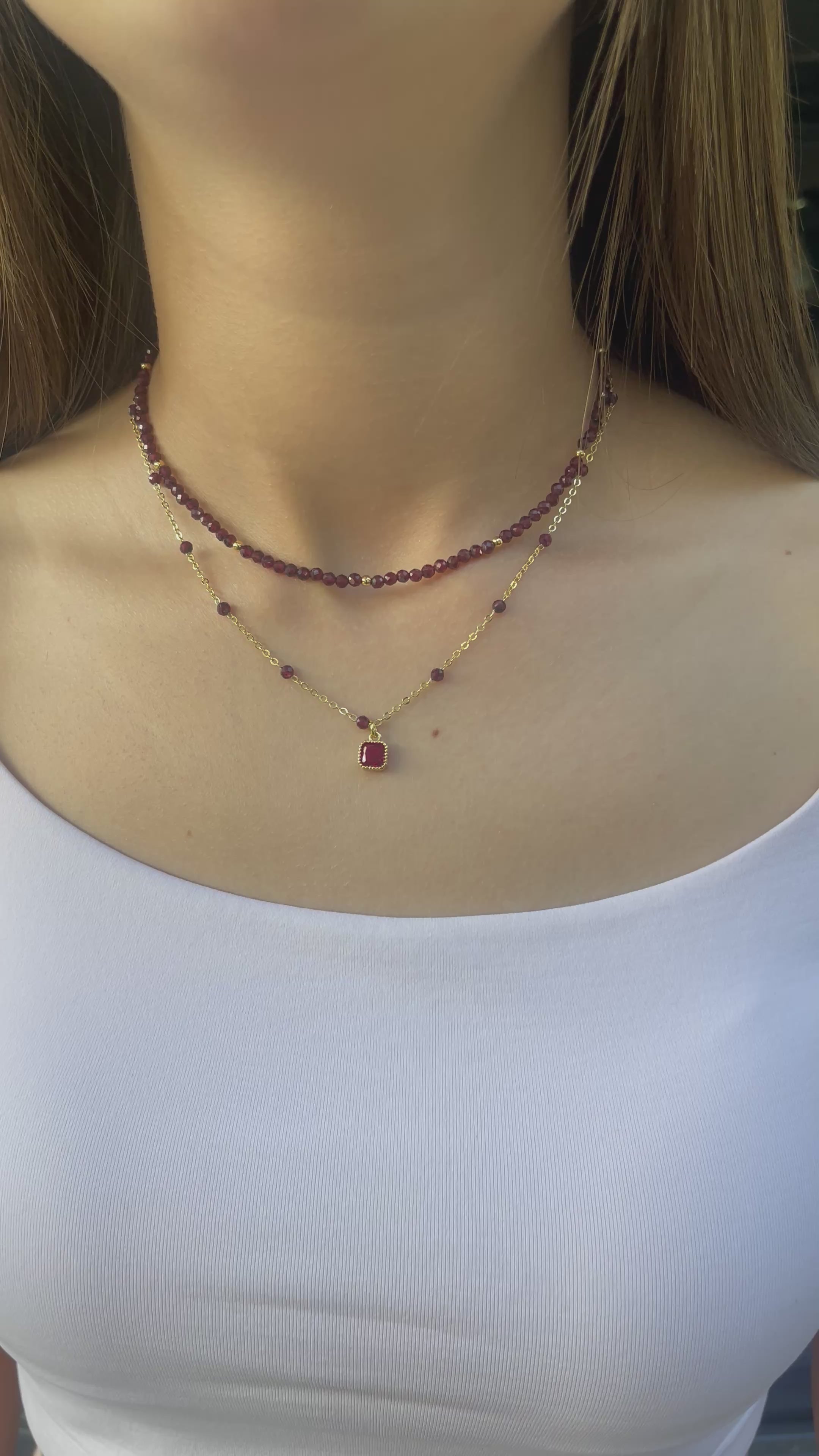 Layered Garnet necklace , 18K gold clasp